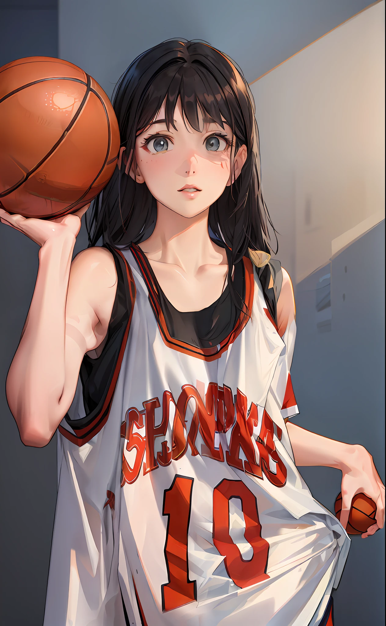 Anime girl holding a basketball in her right hand, realistic anime art style, smooth anime CG art, drawn in anime artist studio, high quality anime art style, wearing a basketball jersey, made by anime artist studio, guweiz style artwork, Realistic anime 3D style, digital animation illustrations, inspired by Ma Yuanyu, semi-realistic anime style.