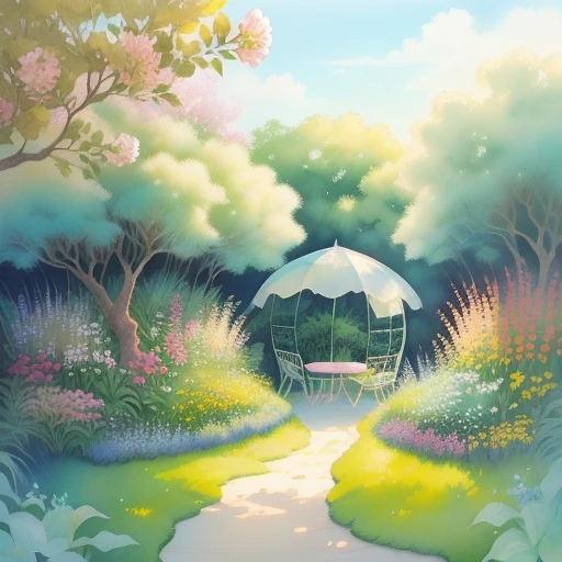 Design a watercolour pastel illustration of an anthill in a lush garden. The anthill should be the main focus of the illustration, but don't forget to include other elements such as flowers, trees, and insects to make the scene come alive. Use soft pastel colours to create a dreamy, whimsical feel, and incorporate watercolour washes to add depth and texture to the illustration.