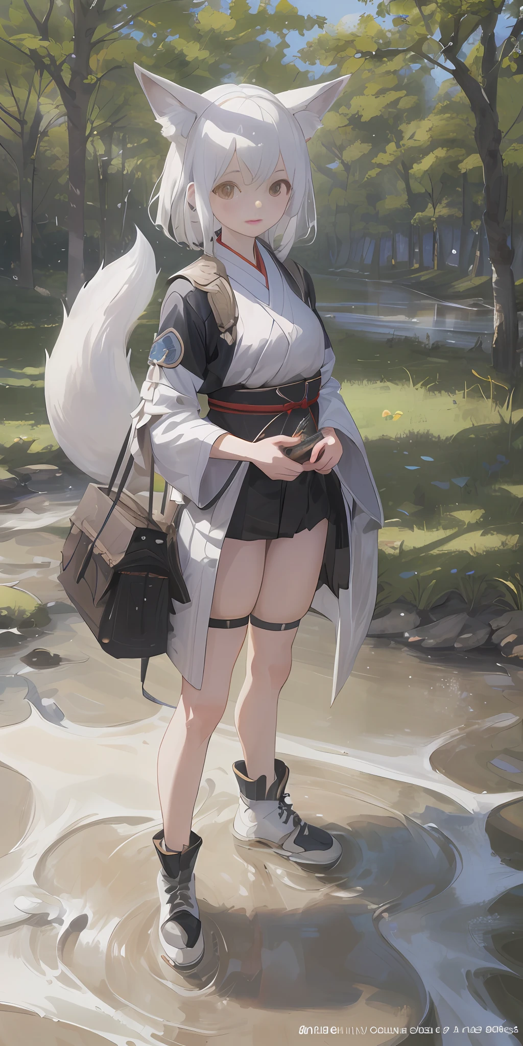 girl from Tang Dynasty, White hair, Catching fish in the river, Caught two fish, wide-angle lens,next to huge white fox and trees, facing viewer, in realistic hyper detailed render style, head closeup,exaggerated perspective, contour shadow, --ar 3:4--niji 5 --style expressive --s 400