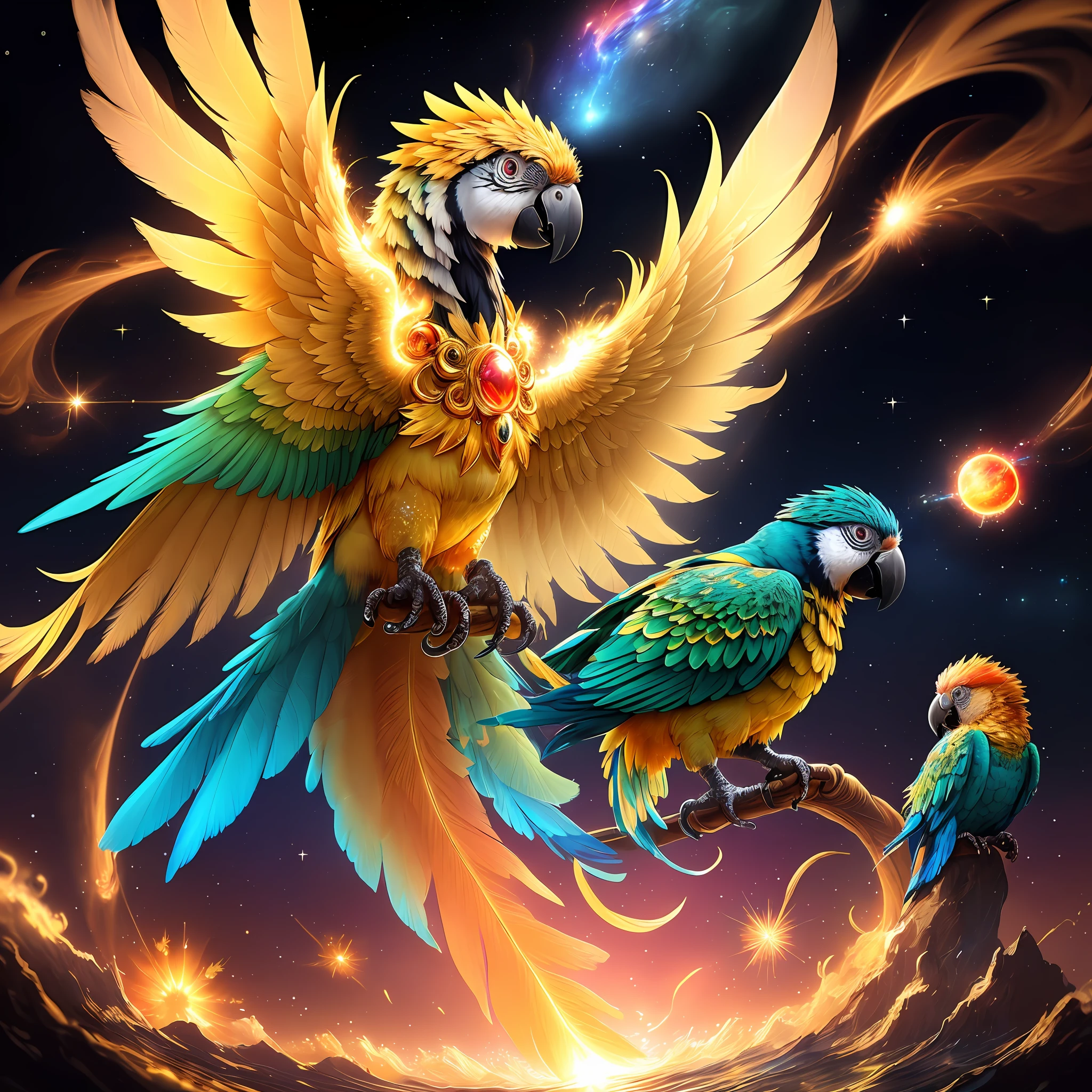 A parrot made of water, with a golden liquid body and gem-like eyes, set against the backdrop of the universe with a supernova explosion beside it. The feathers on the parrot glow and shine like stars in the sky, while its two claws hold onto a planet. The feathers on top of its head are composed of solar flames.