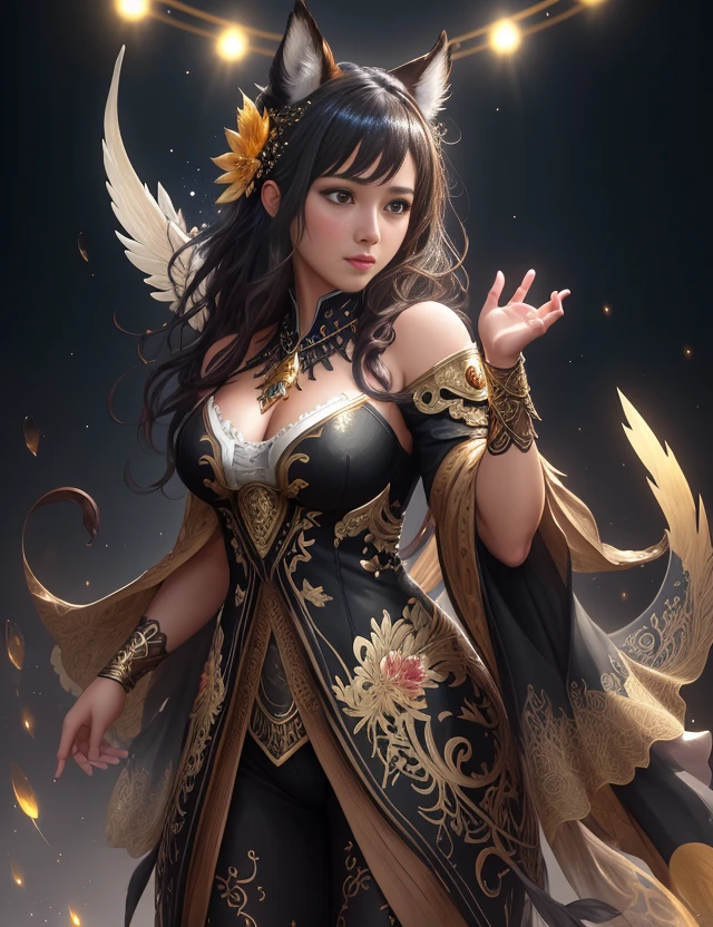 gold and black Spirit animal digital art, art by cheryl griesbach Jean-Baptiste Monge style, bright, beautiful, splash, Glittering, cute and adorable, filigree, rim lighting, lights, extremely, magic, surreal, fantasy, digital art, wlop, artgerm and james jean, trending on artstation, sharp focus, studio photo, intricate details, highly detailed, by greg rutkowski, 8k uhd, dslr