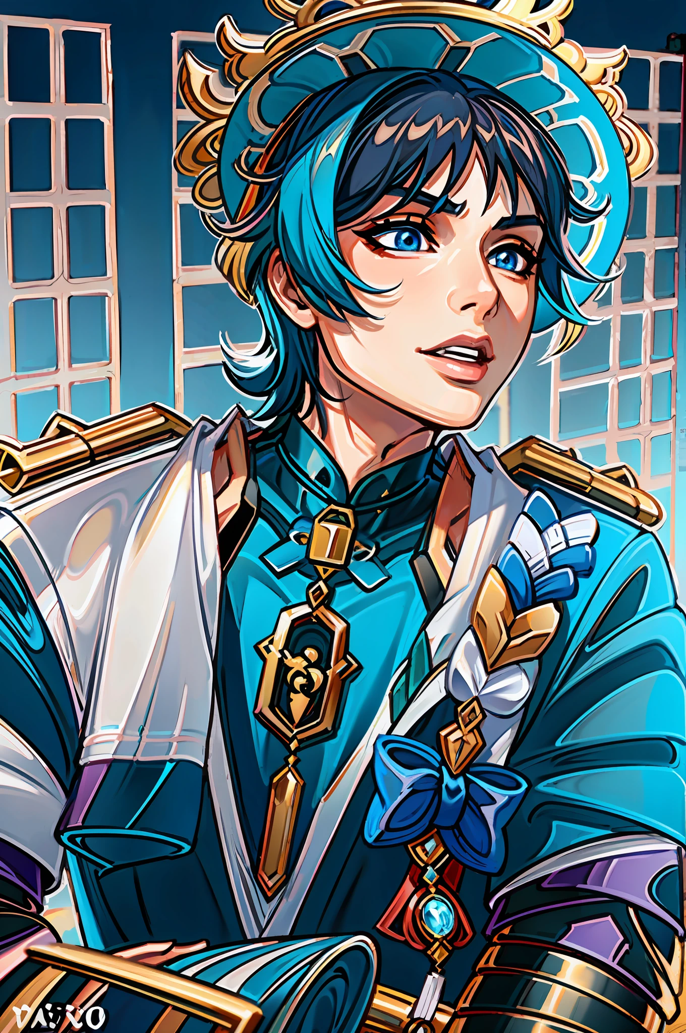 (masterpiece),(best quality:1.0), (ultra highres:1.0), detailed illustration, 8k, anime, masterpiece, wearing a wide blue hat, detailed hat, best quality,(wanderer:1.2), letterboxed, (genshin impact), 1boy, male focus, solo, vest,(kbxll:0.5)