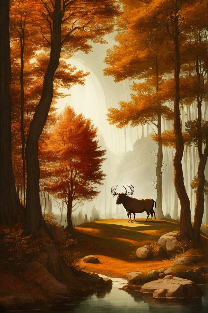 "Master of Renaissance art, leonardo da vinci, bull with three horns on a tree in autumnal tones, immersed in the mysterious medieval forest, illuminated with vignette."