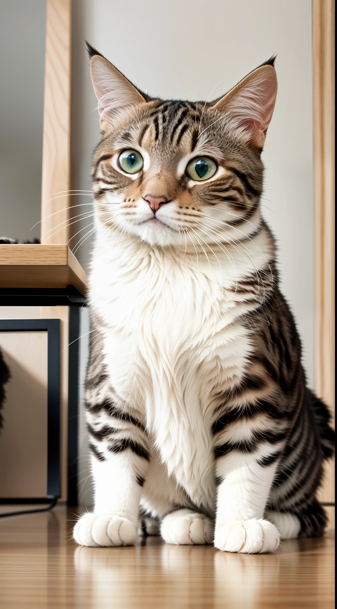 RAW photo, ridiculous, high quality, realism, portrait of a cat looking at the viewer, cute, interior, desk, photo realism, super fine, 50 mm, f1. 4, 8K UHD, film grain