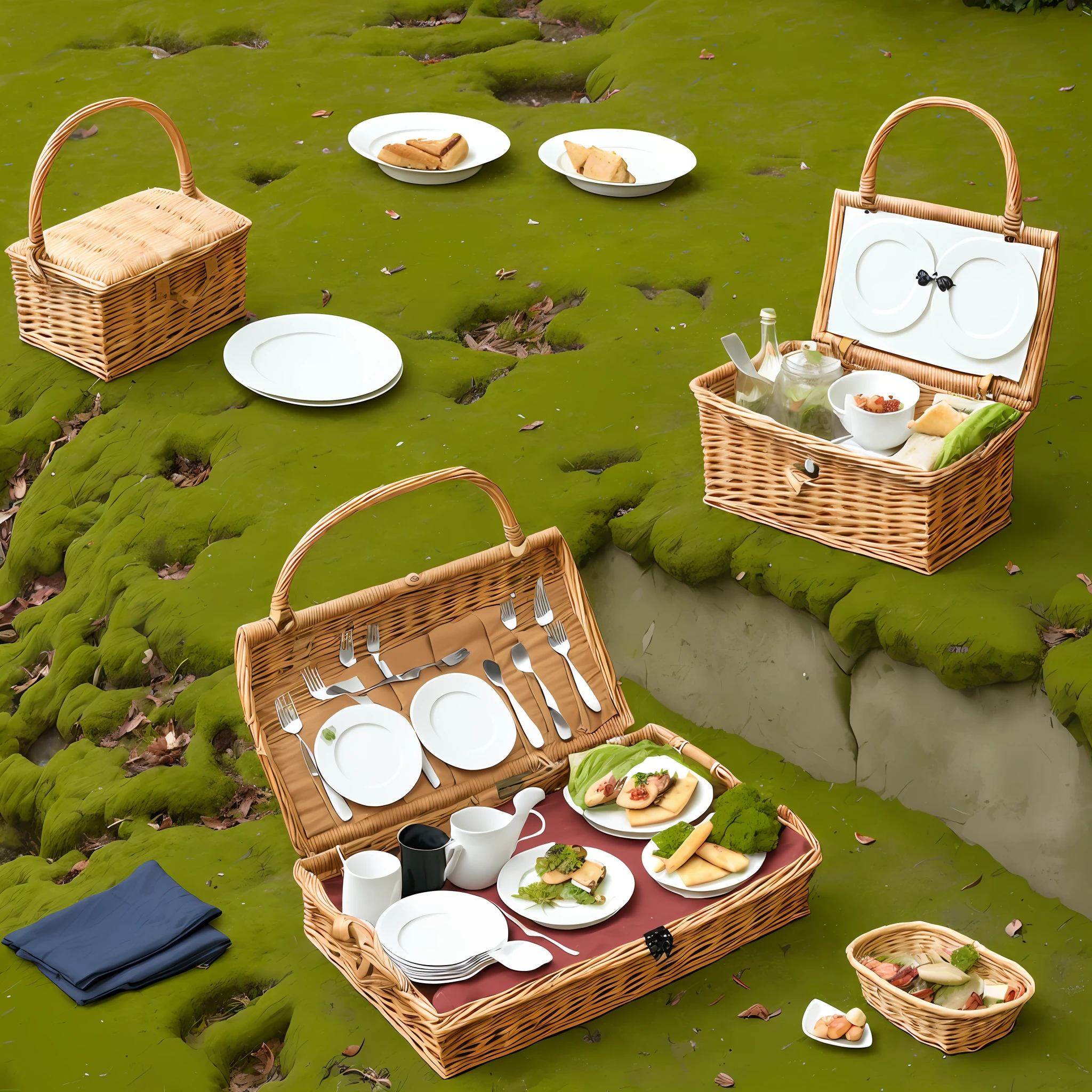 singular deteriorated picnic basket moss growing ant hole realistic