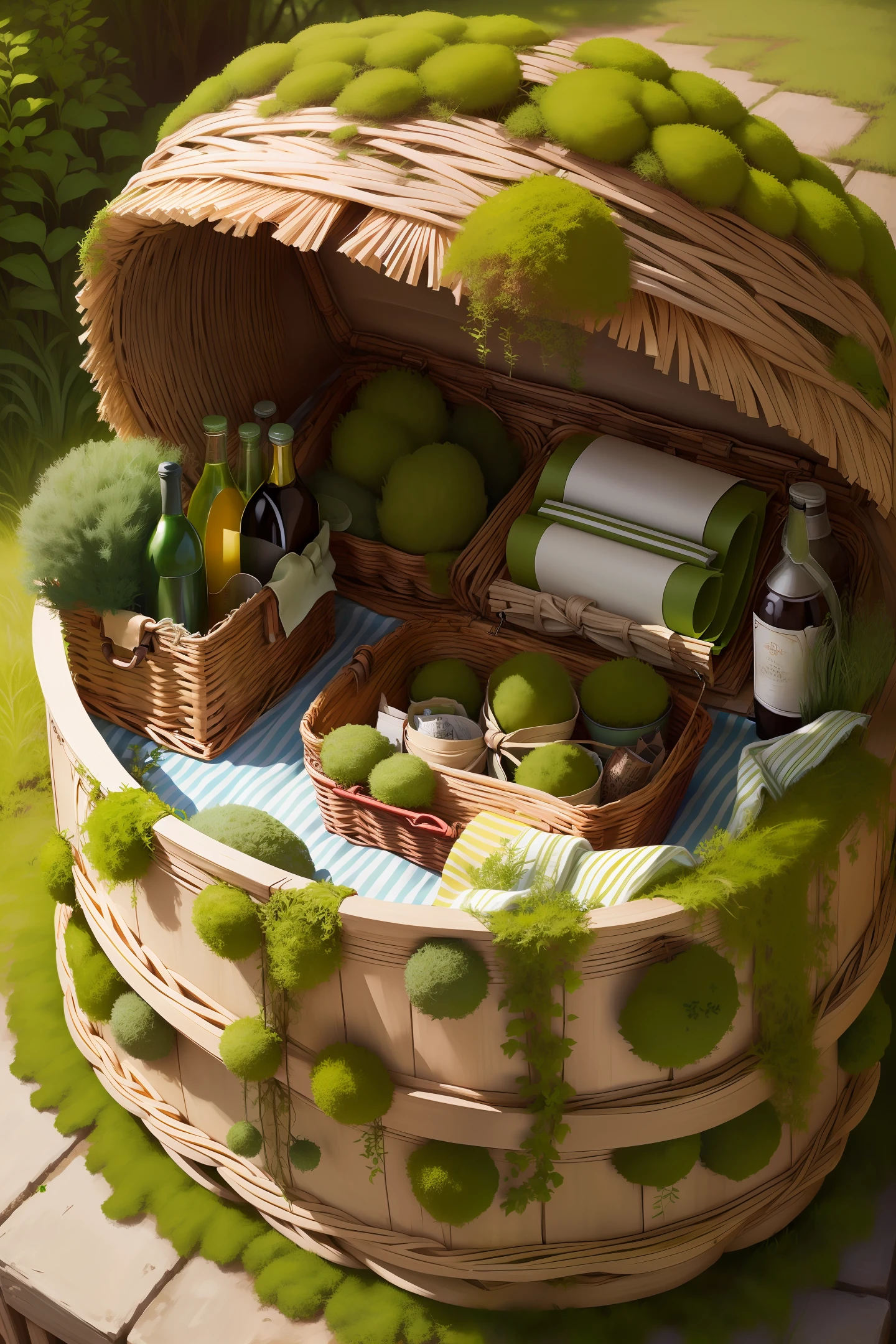 singular picnic basket moss covered anthill realistic