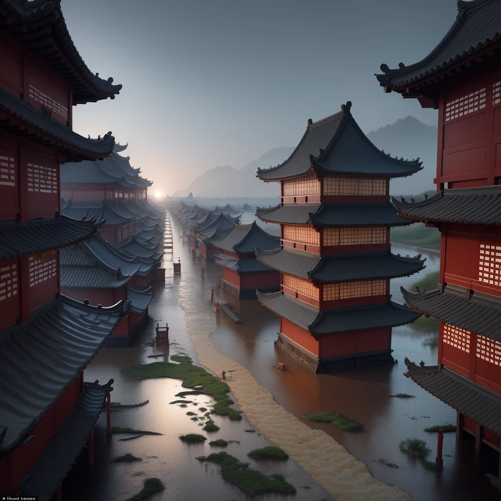 At night, in ancient China, flood peaks crossed and tall floodwaters gushed out from above the dikes