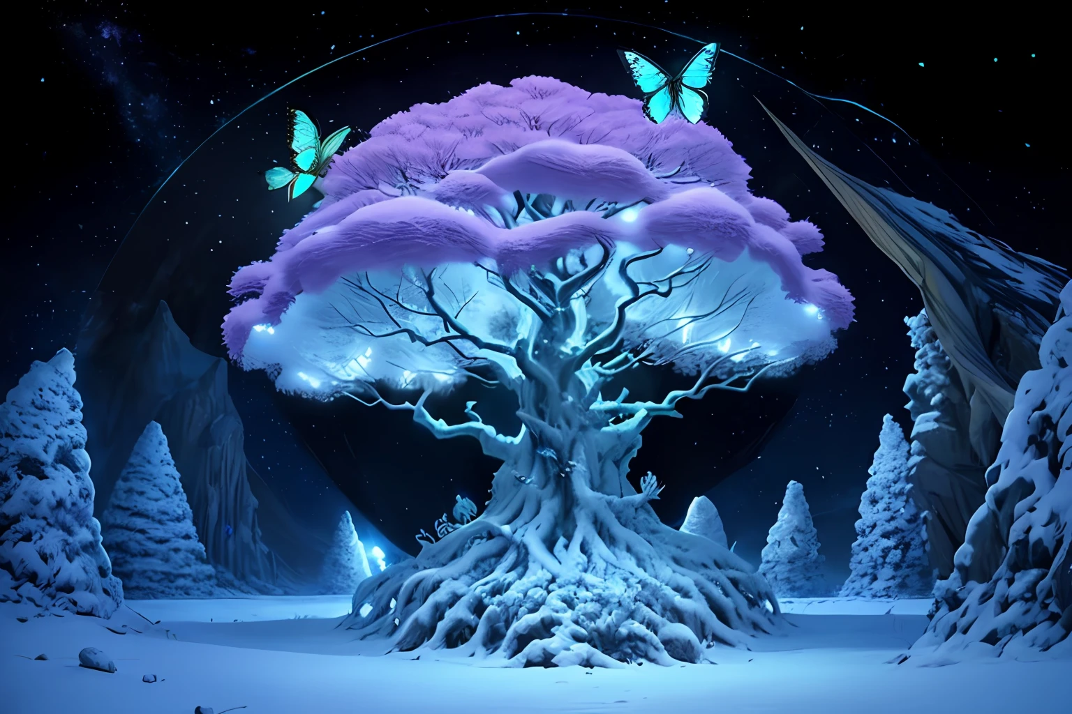 Dragon's tooth tree, anthill, luminous, moth, fantasy
