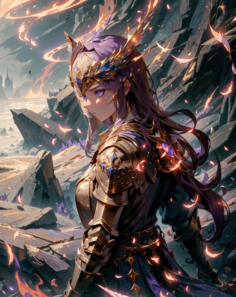 A European girl with heavy makeup, heroic and sassy, blue-purple eyes, light blonde shawl long hair, golden gorgeous armor, medieval armor carving, red phoenix gilded cape