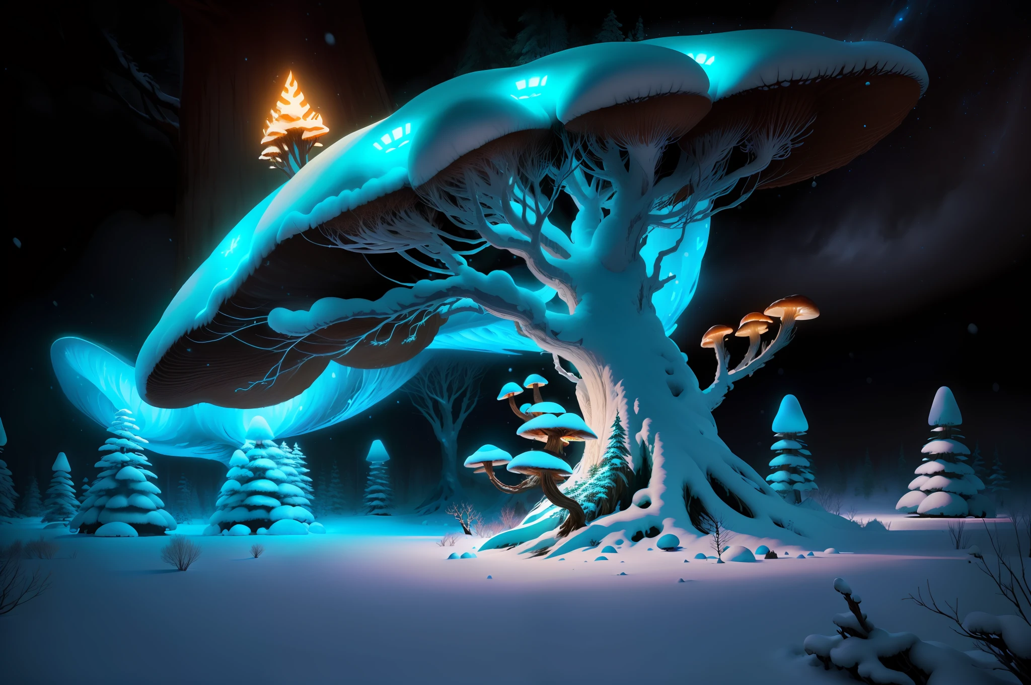 there is a very large mushroom tree in the middle of a snowy forest, winter concept art, glowing snow, background artwork, 4k highly detailed digital art, digital 2d fantasy art, detailed fantasy digital art, 4k detailed digital art, detailed digital 2d fantasy art, fantasy tree, luminescent concept art, 8k high quality detailed art