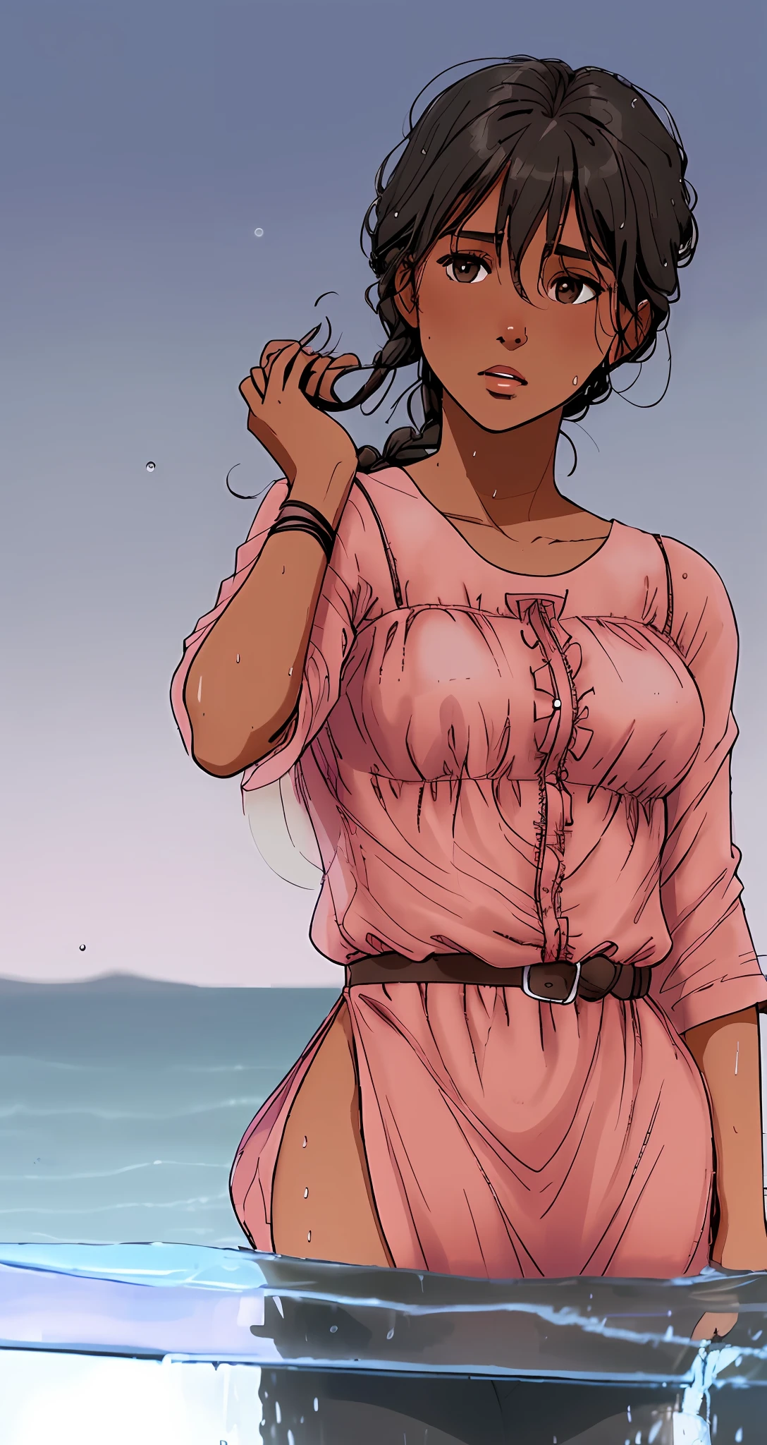 Leather belt on dress, water falling from hair, wet hair, well made hand, delicate hand, hair without braid, brown skin, darker skin, darker skin color, thread loop rolls on dress, pink bow, night, darkness, moon