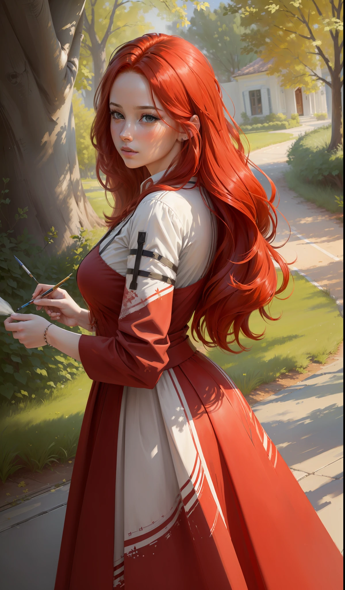 (((((((realism)))), high quality, directly from real life), woman painting a picture, shade of a tree, intense and voluminous red hair, flowing dress, side photo)