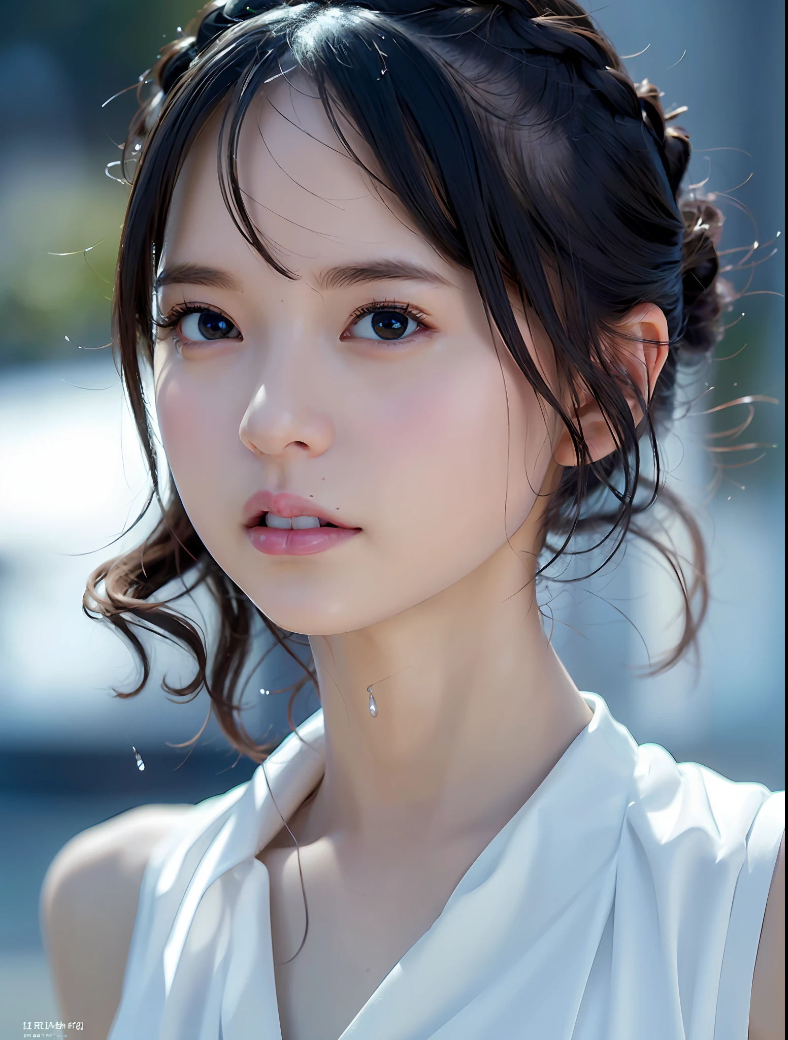 random pose, mix4, (8k, RAW photo, best quality, masterpiece: 1.2), (realistic, photorealistic: 1.37), one girl, cute, cityscape, night, rain, wet, professional lighting, photons mapping, radiosity, physically based rendering, gradient black hair, gray hair, short curly hair, handsome, girl, white ball suit, top quality photo, high res, 1080p, (clear face), (detailed face description), (detailed hand description), (masterpiece), (exquisite CG), extreme light and shadow, disheveled hair, master work, rich details, (fine facial features), (highest quality photo), (masterpiece), (detailed eyes), look in front of you eyes, fine clavicle