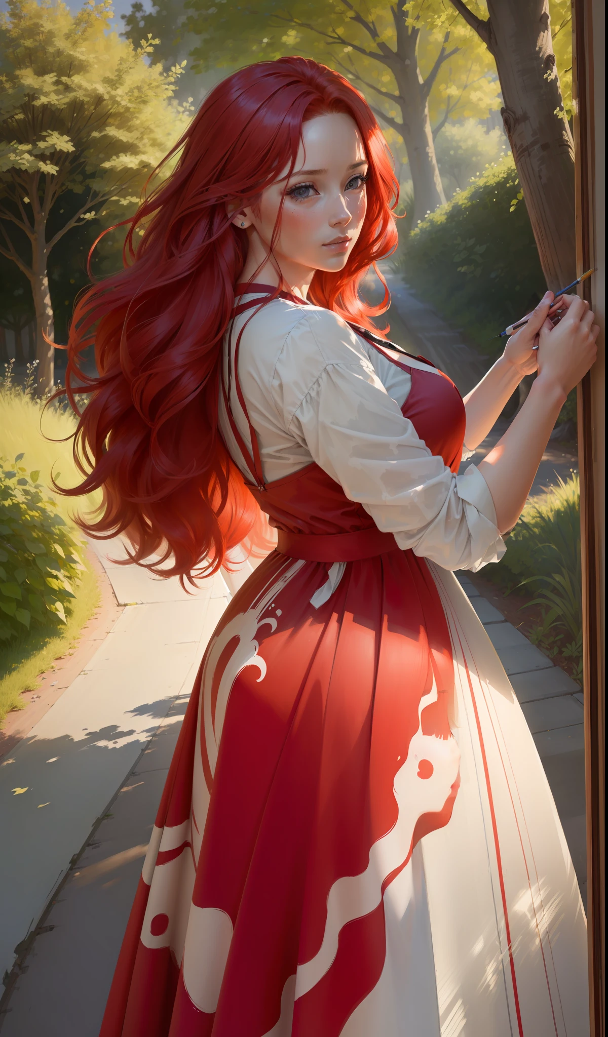 (((((((realism)))), high quality, directly from real life), woman painting a picture, shade of a tree, intense and voluminous red hair, flowing dress, side photo)
