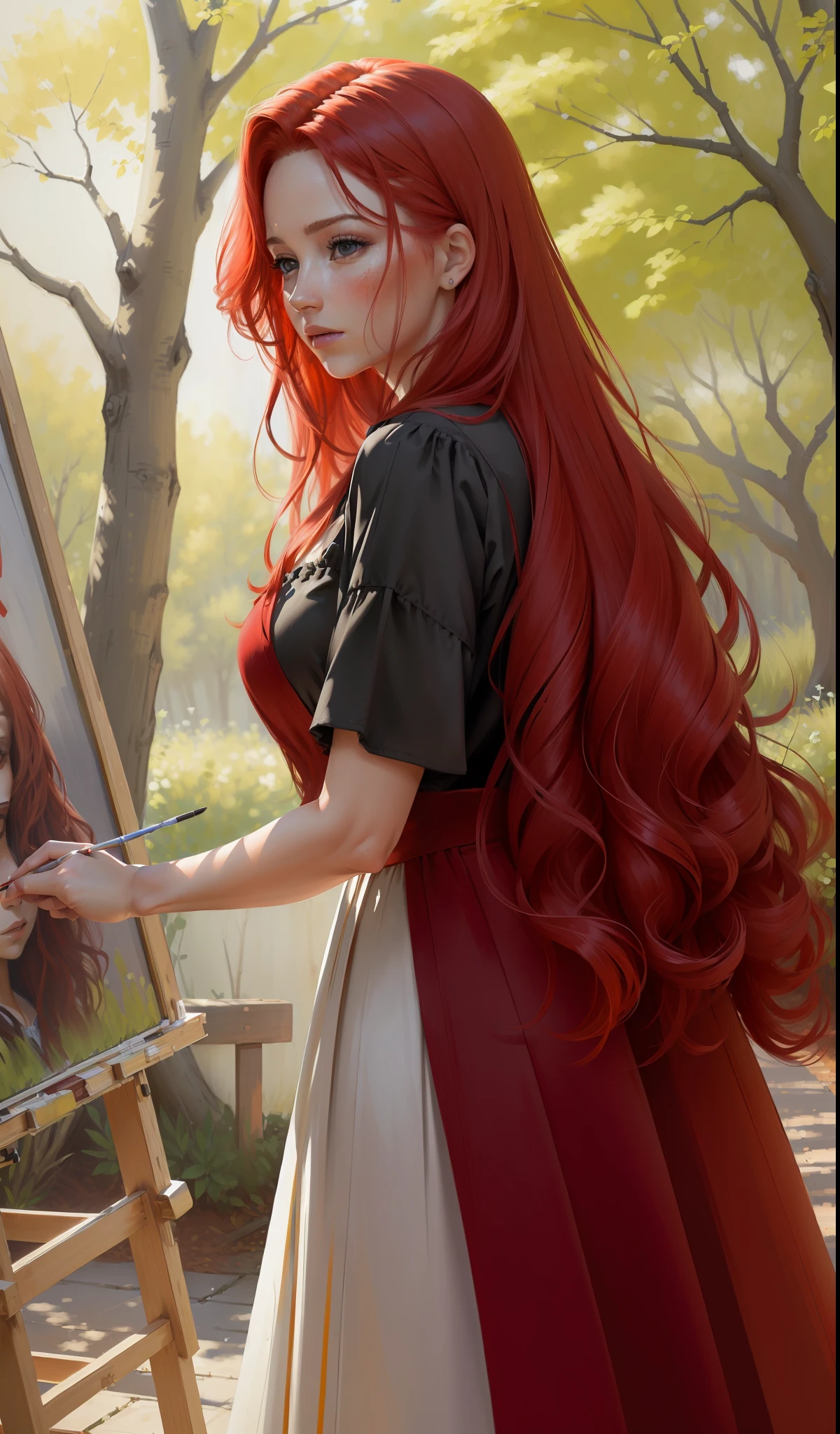 (((((((realism)))), high quality, directly from real life), woman painting a picture, shade of a tree, intense and voluminous red hair, flowing dress, side photo)