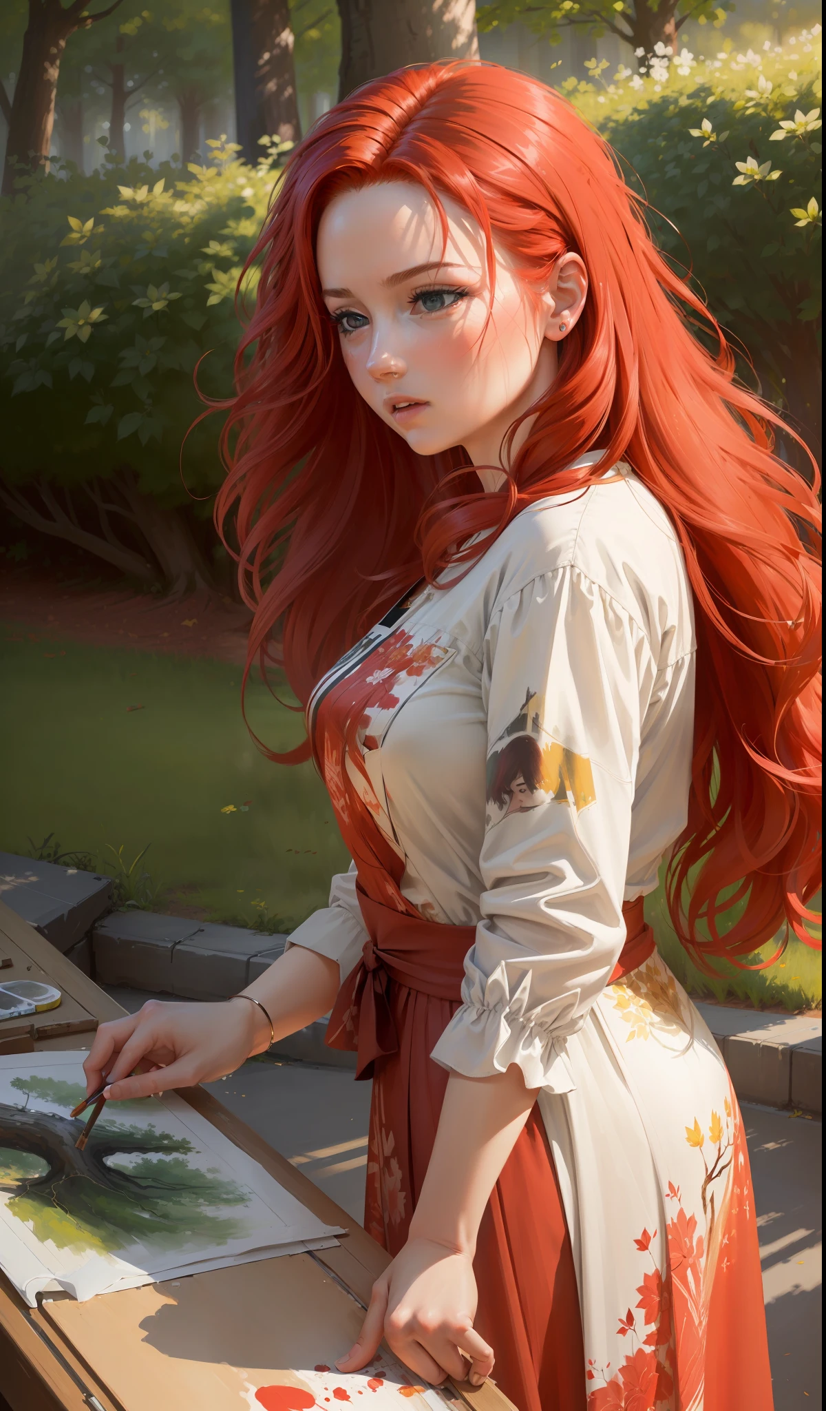 (((((((realism)))), high quality, directly from real life), woman painting a picture, shade of a tree, intense and voluminous red hair, flowing dress, side photo)