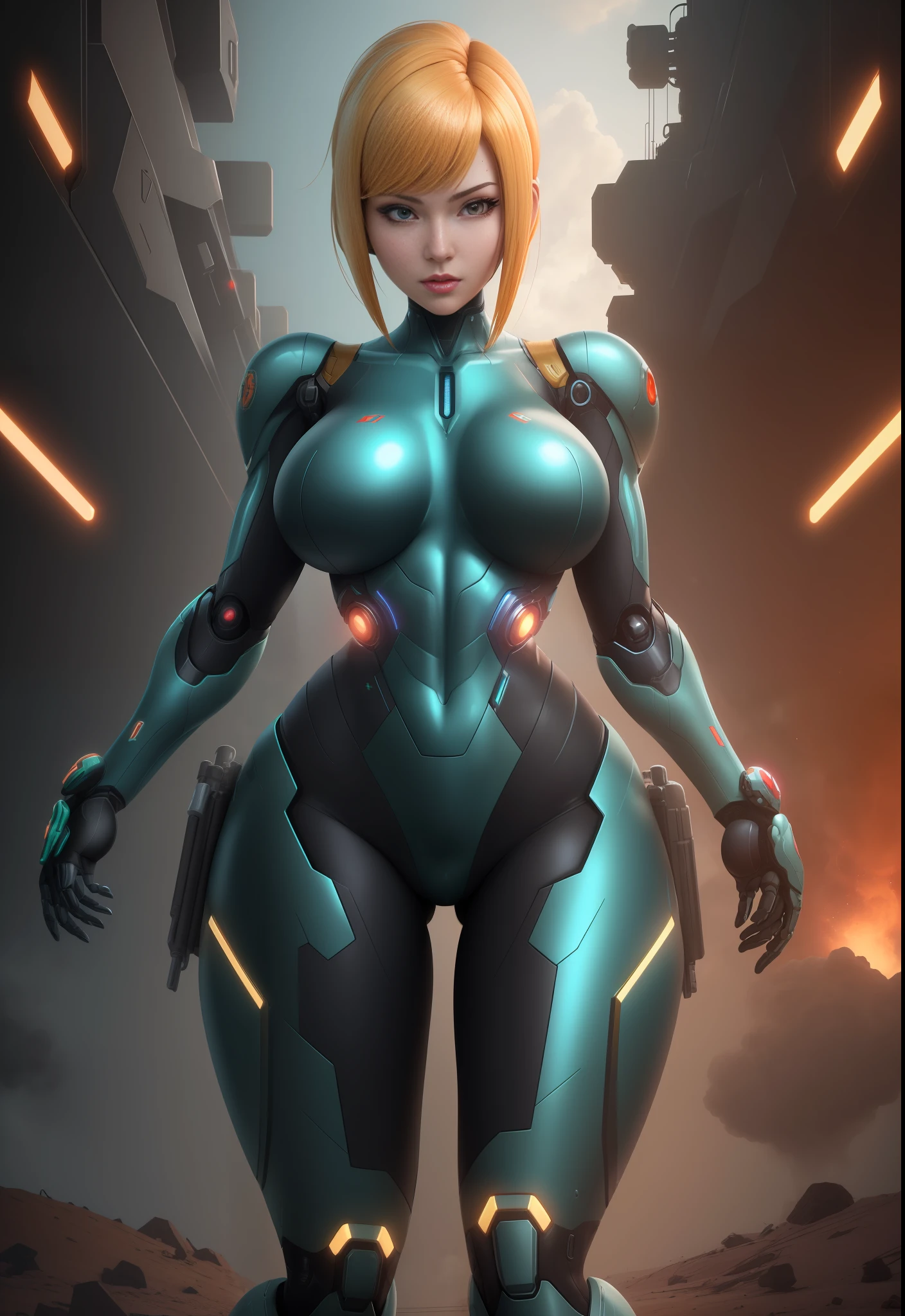 (1 woman)/robot/mechanical body parts/Samus Aran suit, Max resolution/detail/quality/sharpness. Unreal Engine 5, Disney/Anime style, short flowing hair, huge breasts1, looking at the viewer furious, exhibitionist pose, showing off to the viewer, on a military base being attacked by Aliens