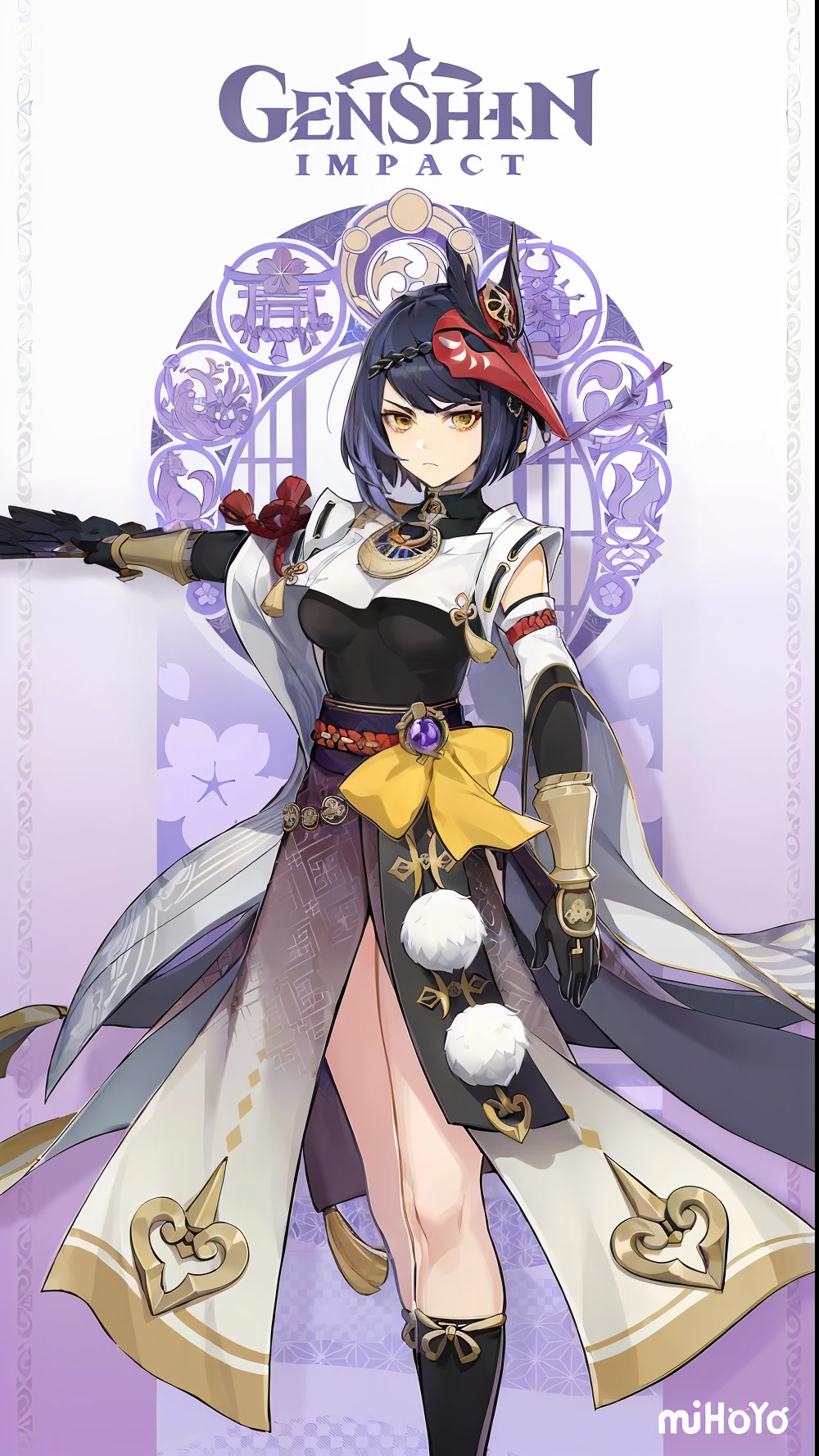 ((highest quality, masterpiece, 4k, finely detailed gelbooru, pixiv)), solo, masculine, adult, handsome, finely detailed eyes and detailed face, warm lighting, ((light black hair, short hair, kujou sara hairstyle)), (((Kujou Sara from Genshin Impact)), ((pale yellow eyes, sharp eyes)), japanese-style clothing, traditional clothing, dojo background, sunny weather, ((looking at viewer, serious expression)), (holding bow and arrow)