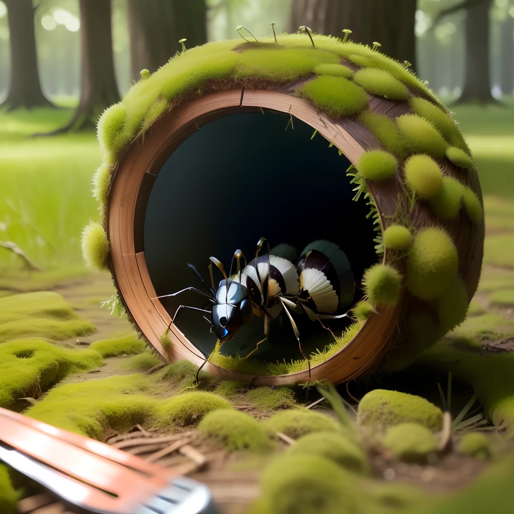 singular deteriorated picnic basket moss growing ant hole realistic
