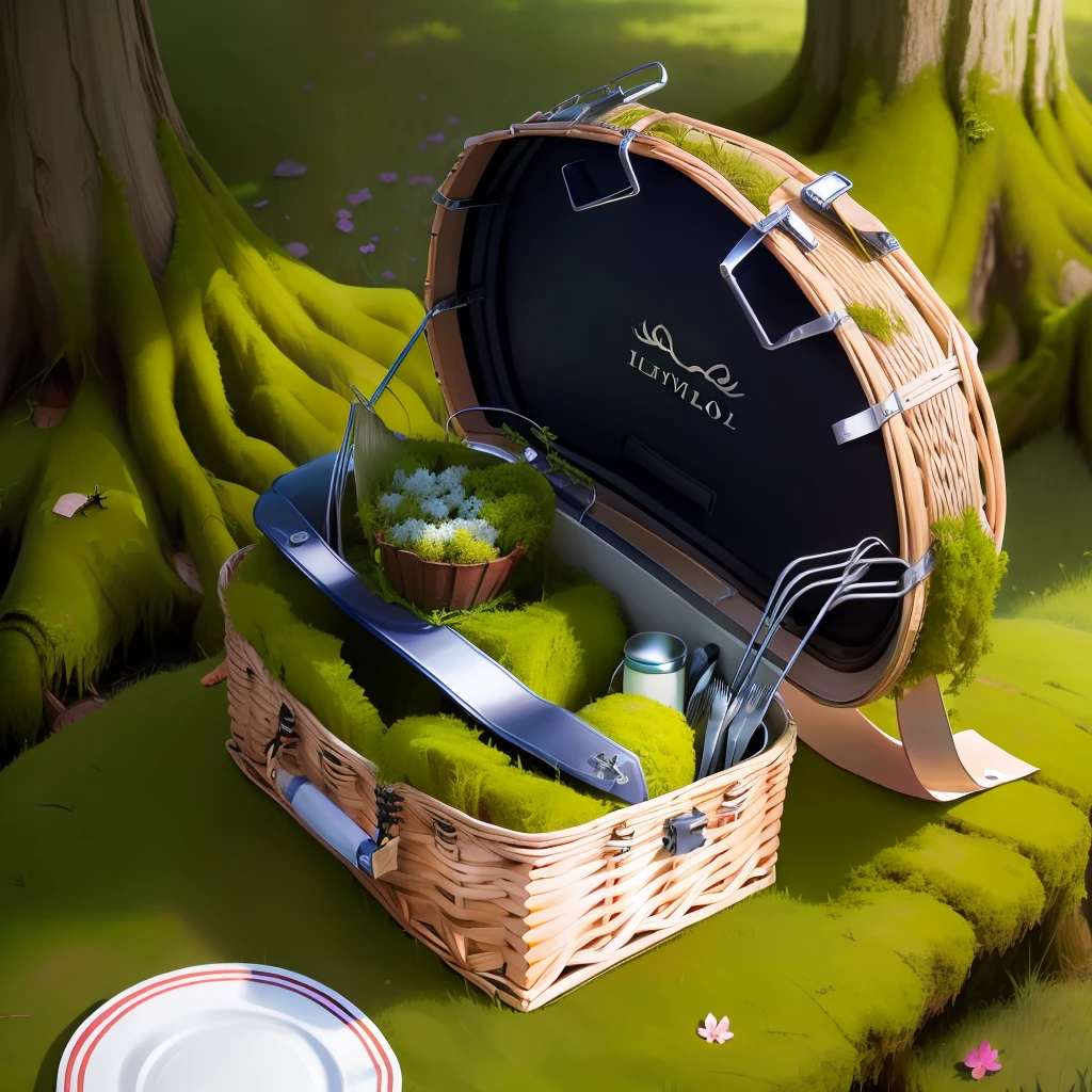 singular deteriorated picnic basket moss growing ant hole realistic