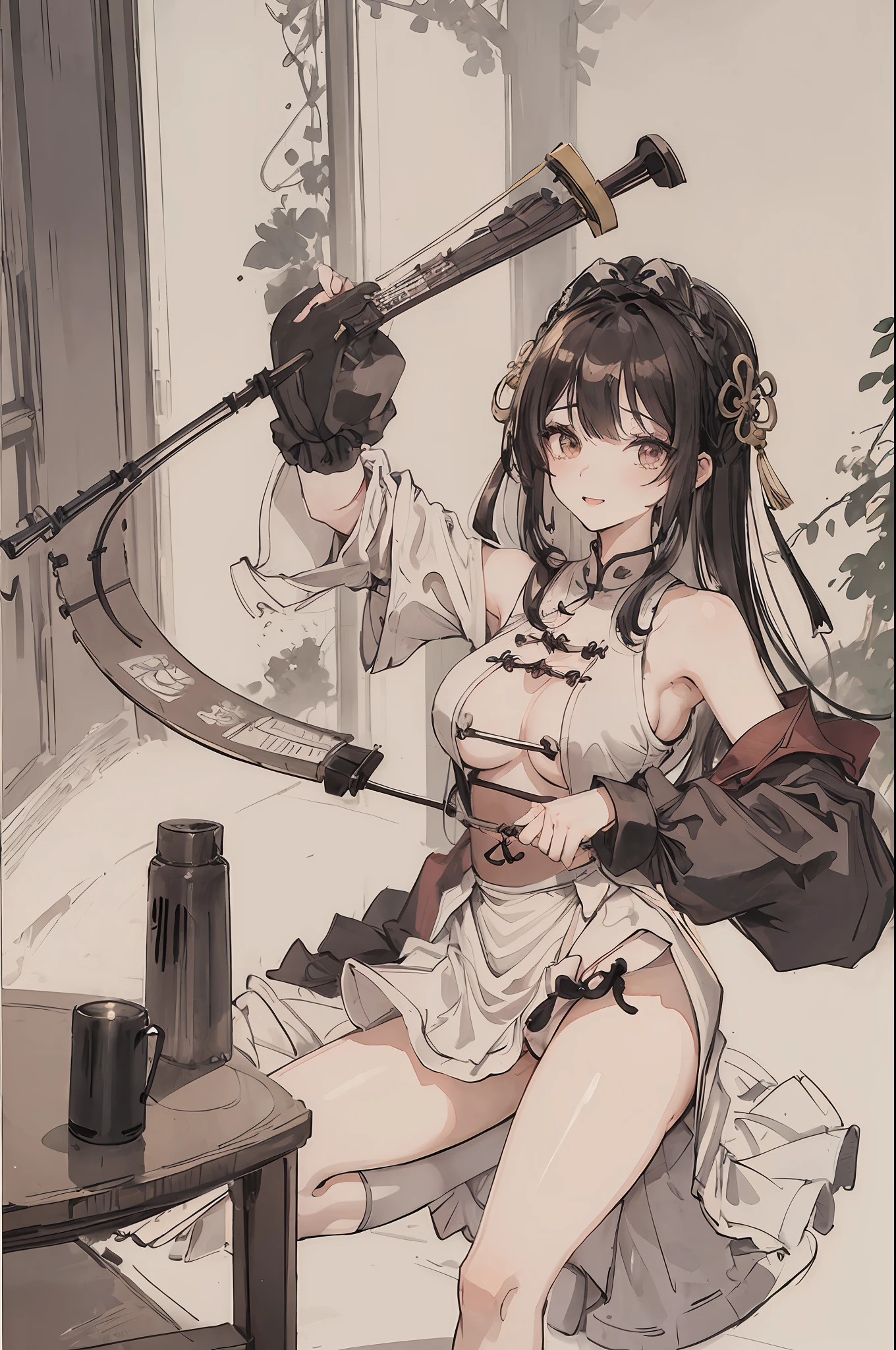 (masterpiece, best quality: 1.2), traditional Chinese ink painting, A cute 20 year old sexy women with big saggy breasts and lace skirt, sexy white lace , Oversized dress :1.5, Couch, Ultra-detailed face, Detailed eyes, Double eyelid, sfw:1.5 , evil smile:1.4 ,emphasizing slender abs :1.3, (upskirt:1.5) , (underboobs:1.2) , (Playing Erhu:1.5)