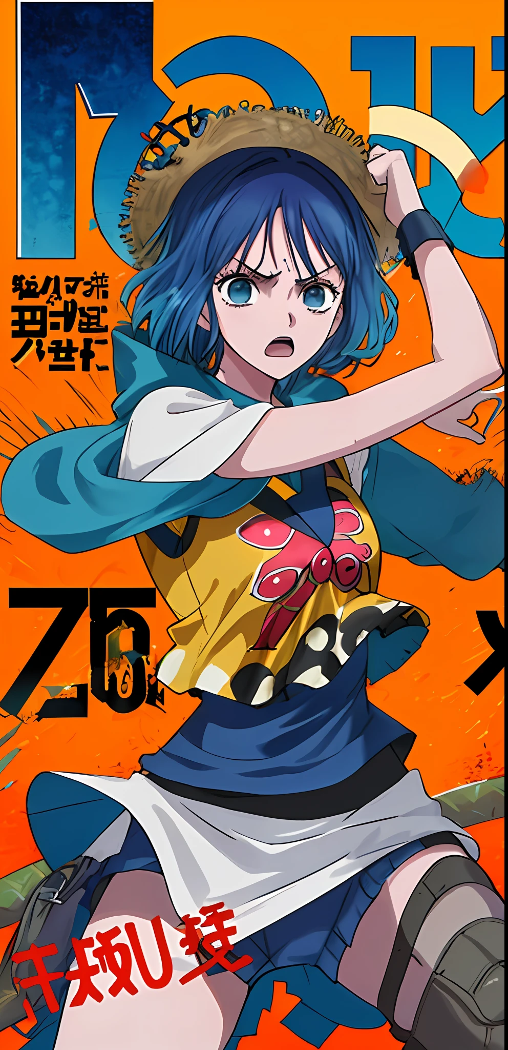 dramatic))), (((gritty))), (((intense)))) The movie poster features as the central character. She is shy in the center of the poster, wearing one piece outfit, and a determined expression on her face. The background is dark and gritty, with a feeling of drunkenness. The text is bold and eye-catching, with catchy slogans that add to the overall drama and excitement. The color palette is dominated by dark colors, dotted with bright colors, giving the poster a dynamic and visual impact, tachi-e (magazine:1.3), (cover-style:1.3), fashionable, vibrant, posing, front, colorful, dynamic, background, element, confident, expressive, holding, statement, attachment, majestic, coiled, around, touch, scene, text, cover, bold, eye-catching, title, fashion, font, catchy, title, bigger, eye-catching, modern, trendy, focused, stylish, 1 girl, Fighting stance, battle shonen, clenched fist, one piece outfit, straw hat, punching, blue hair, punching screen, pirate outfit, one piece outfit, blue background, blue sea water
