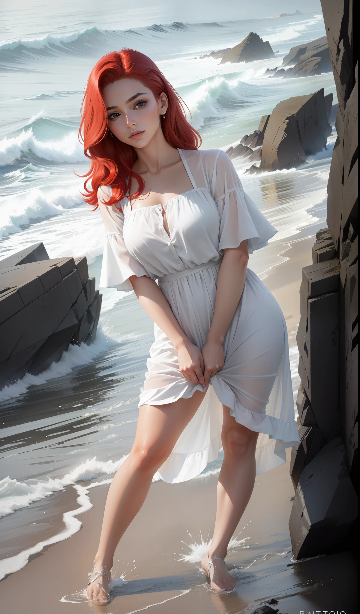 "(((realism))), ((((foto_atual)))), taken from real life, with (cabelos_vermelhos) red hair, posing sideways, looking at the camera in a flowing dress over the rocks on the beach."