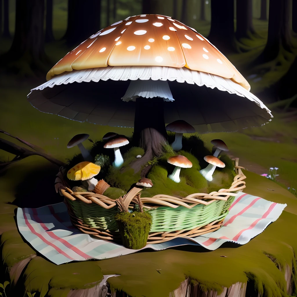 singular deteriorated picnic basket glowing moss growing mushrooms realistic