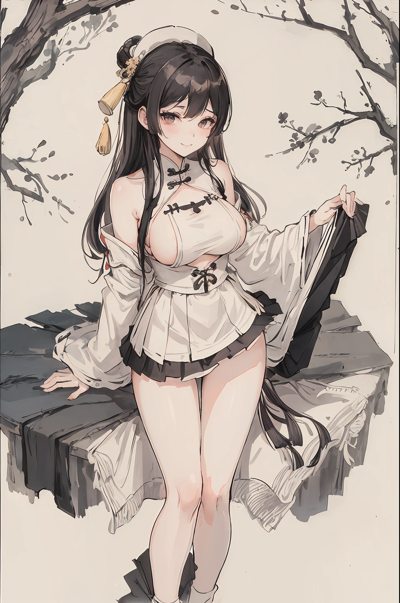 (masterpiece, best quality: 1.2), traditional Chinese ink painting, A cute 20 year old sexy women playing chinese instruments with big saggy breasts and lace skirt, sexy white lace , Oversized dress :1.5, Couch, Ultra-detailed face, Detailed eyes, Double eyelid, sfw:1.5 , evil smile:1.4 ,emphasizing slender abs :1.3, (upskirt:1.5) , (underboobs:1.2)