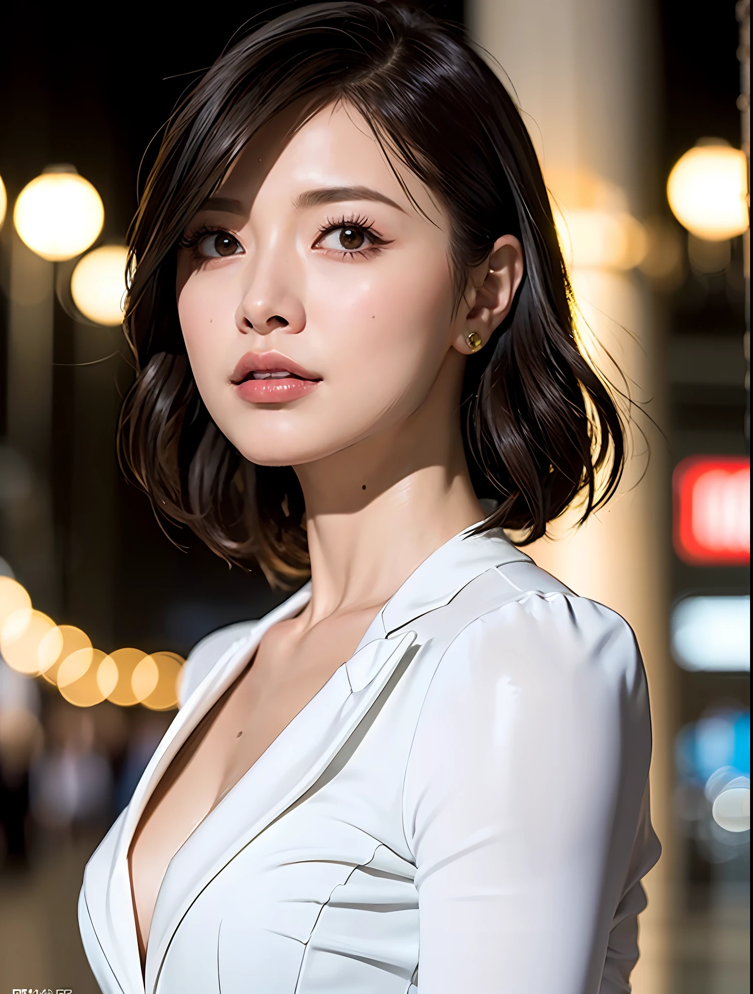random pose, mix4, (8k, RAW photo, best quality, masterpiece: 1.2), (realistic, photorealistic: 1.37), one girl, cute, cityscape, night, rain, wet, professional lighting, photons mapping, radiosity, physically based rendering, gradient black hair, gray hair, short curly hair, handsome, girl, white ball suit, top quality photo, high res, 1080p, (clear face), (detailed face description), (detailed hand description), (masterpiece), (exquisite CG), extreme light and shadow, disheveled hair, master work, rich details, (fine facial features), (highest quality photo), (masterpiece), (detailed eyes), look in front of you eyes, fine clavicle