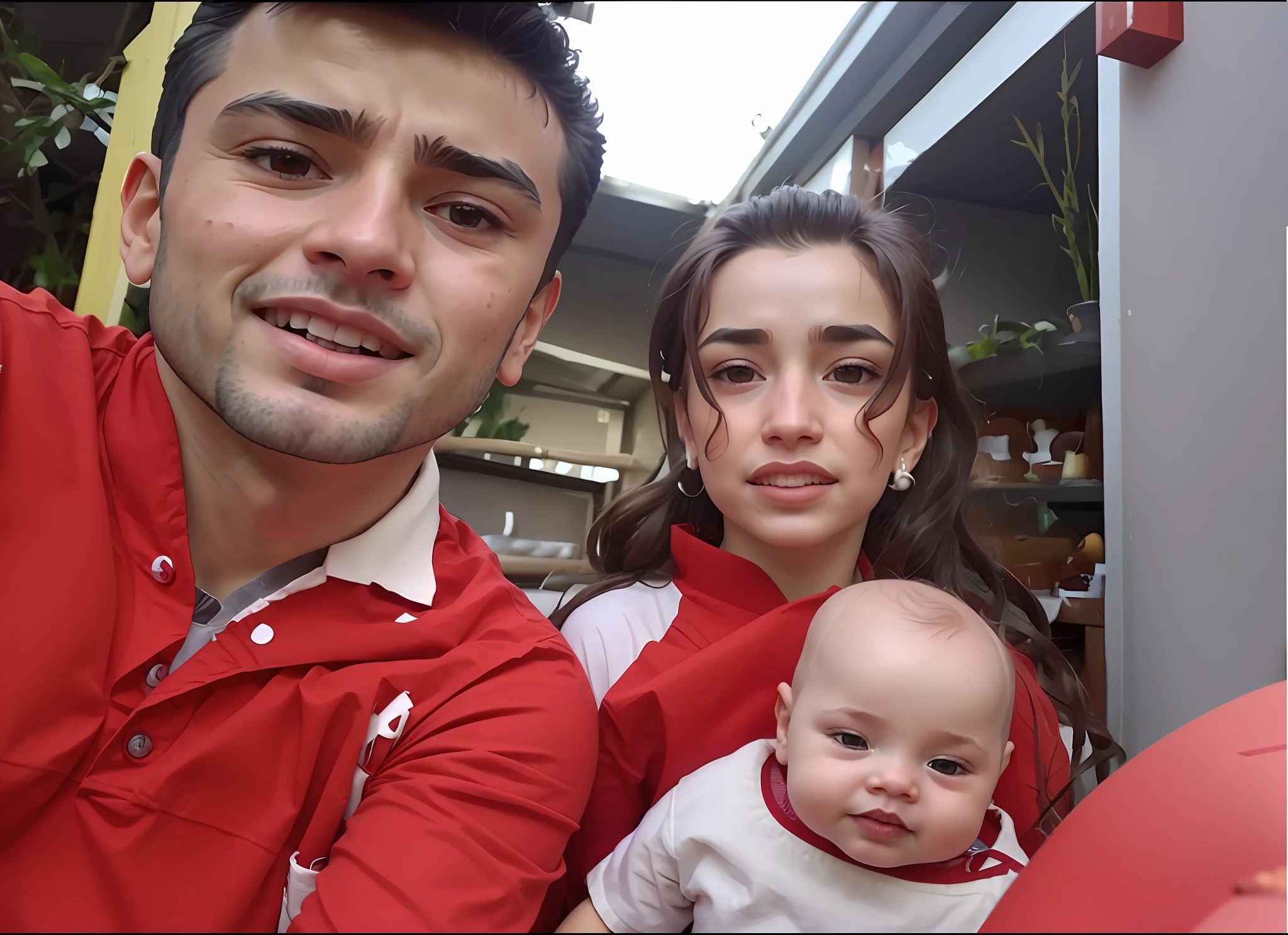 There are two people who are posing for a photo with a baby, family image, face morphology, studio photography, hyperrealistic faces, hyperrealistic faces, real life size, realistic cosplay, Aykut Aydogdu, family photography, very, very cute photography, ultra realistic faces, real life portrait, very charming photo, masterpiece, extremely realistic faces, ultra realistic faces