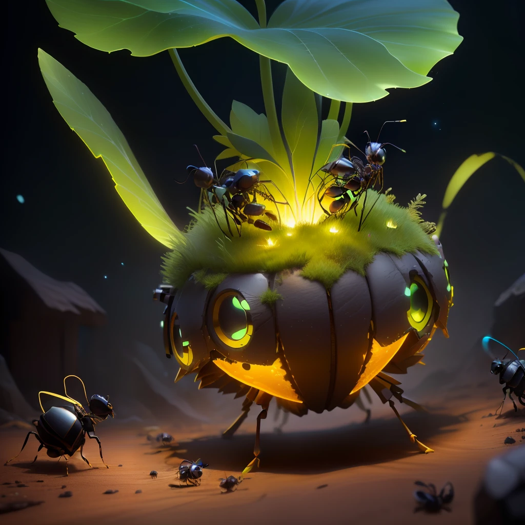 masterpiece, best quality, (extremely detailed CG unit 8k wallpaper), (best quality), (best illustration), (best shadow), A hut, with ants and fireflies, starlight, focus on ant, lighting on Ant, mechanical fireflies bright neon green, complex metamorphosis, bright 3d, V-Ray, Arnold, RenderMan, Blender Cycles, Octane Render and LuxRender, lighting, indemnification