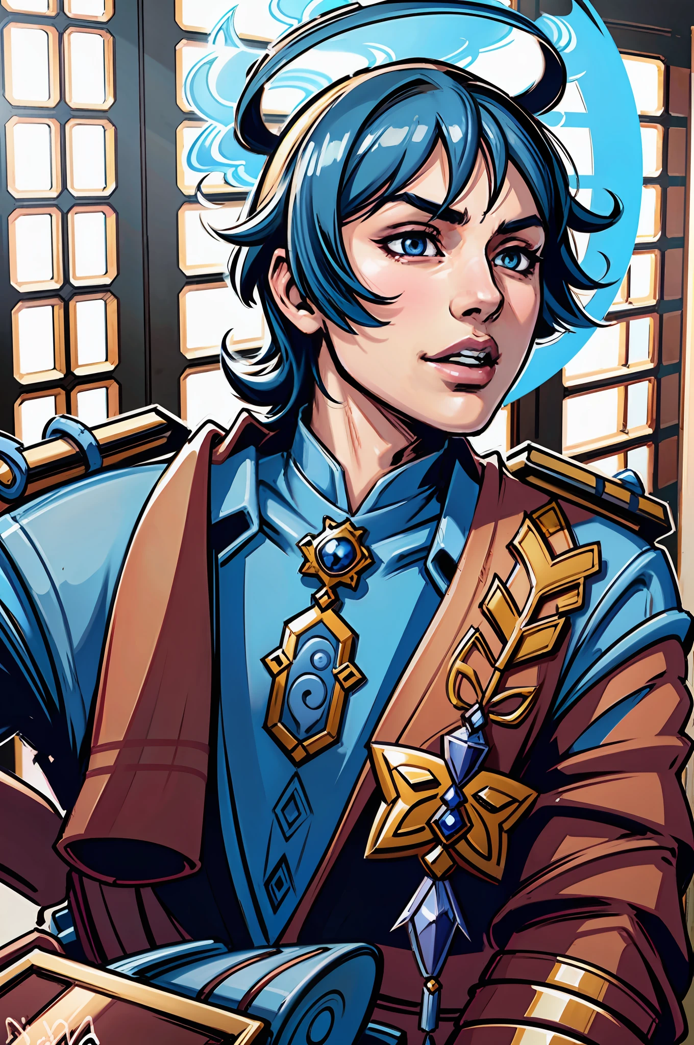 (masterpiece),(best quality:1.0), (ultra highres:1.0), detailed illustration, 8k, anime, masterpiece, wearing a wide blue hat over head, detailed hat, best quality,(wanderer:1.2), letterboxed, (genshin impact), 1boy, male focus, solo, vest,(kbxll:0.5), anime style, vibrant