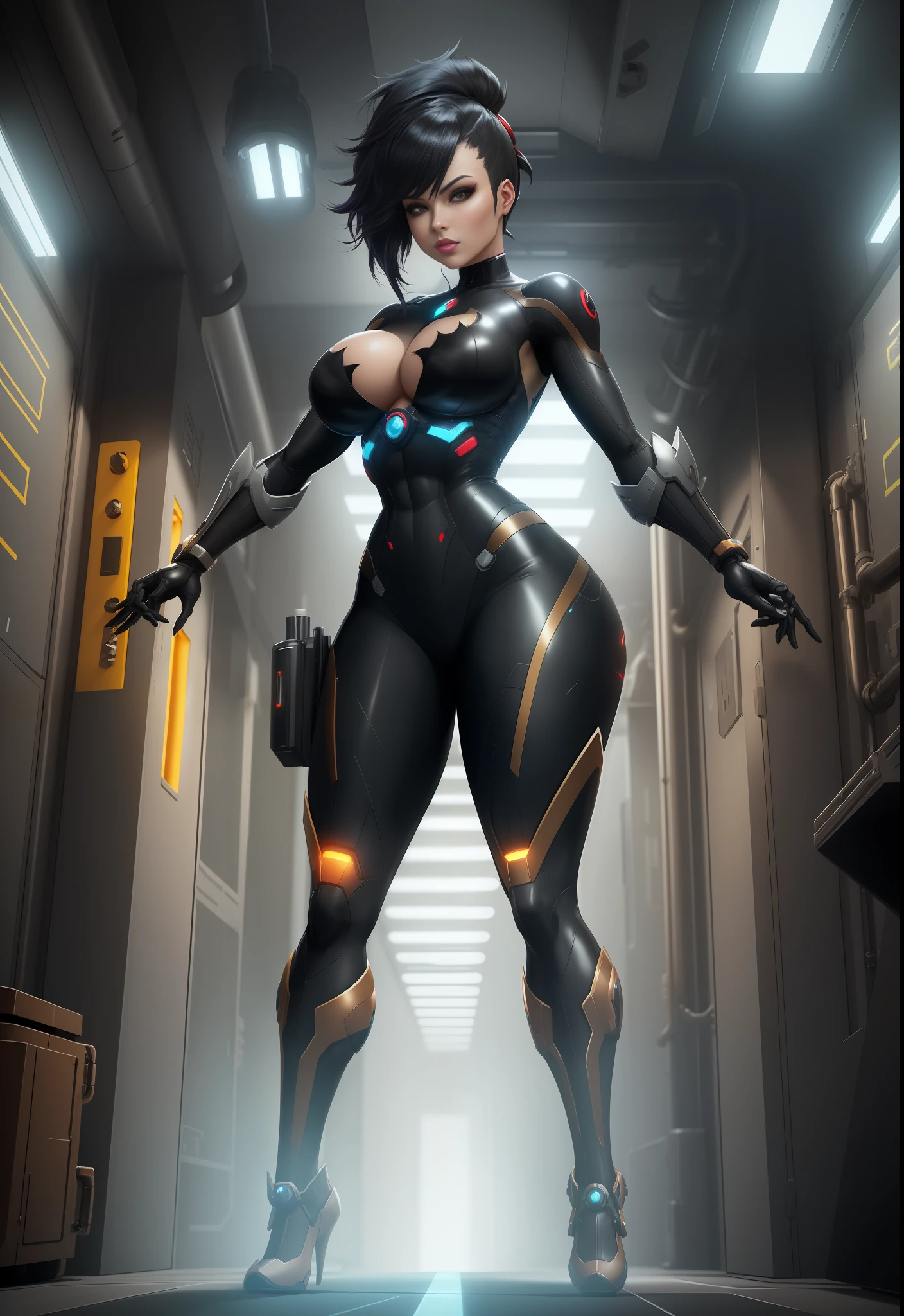 1 woman robot/mechanical body parts to sample, Max resolution/detail/quality/sharpness. Unreal Engine 5, Disney/Anime style, Batman/Mega Man-X/Samus Aran/Spider-Man costume, black mohawk hair, huge breasts1, looking at the viewer furiously, pose with futuristic armada, showing off to the viewer, at a futuristic military base in front of a lab entrance.