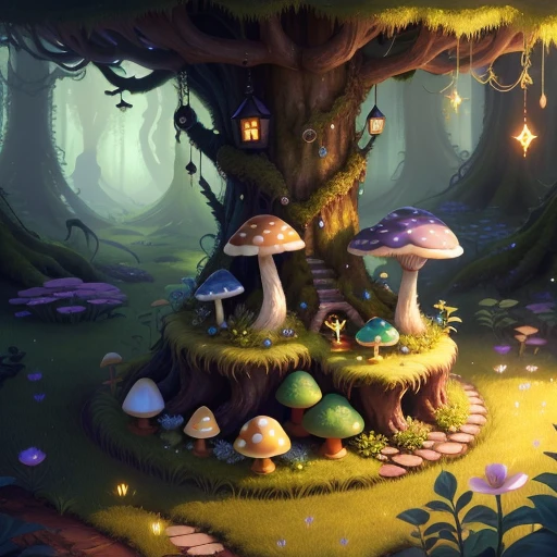 Golden treasure and jewelry pile, moss and mushroom, fantasy ambiance, fairy core