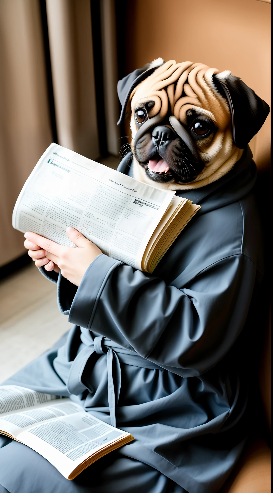 anthropomorphic pug dog, in a robe, eating breakfast and reading the newspaper, lightroom, cinematic, hdr, raw, intricate, high quality, soothing tones, intricate details, low contrast