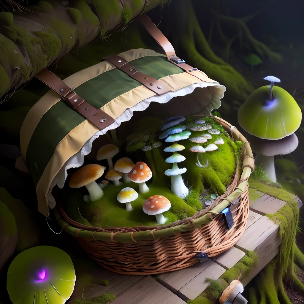singular deteriorated picnic basket glowing moss growing mushrooms realistic