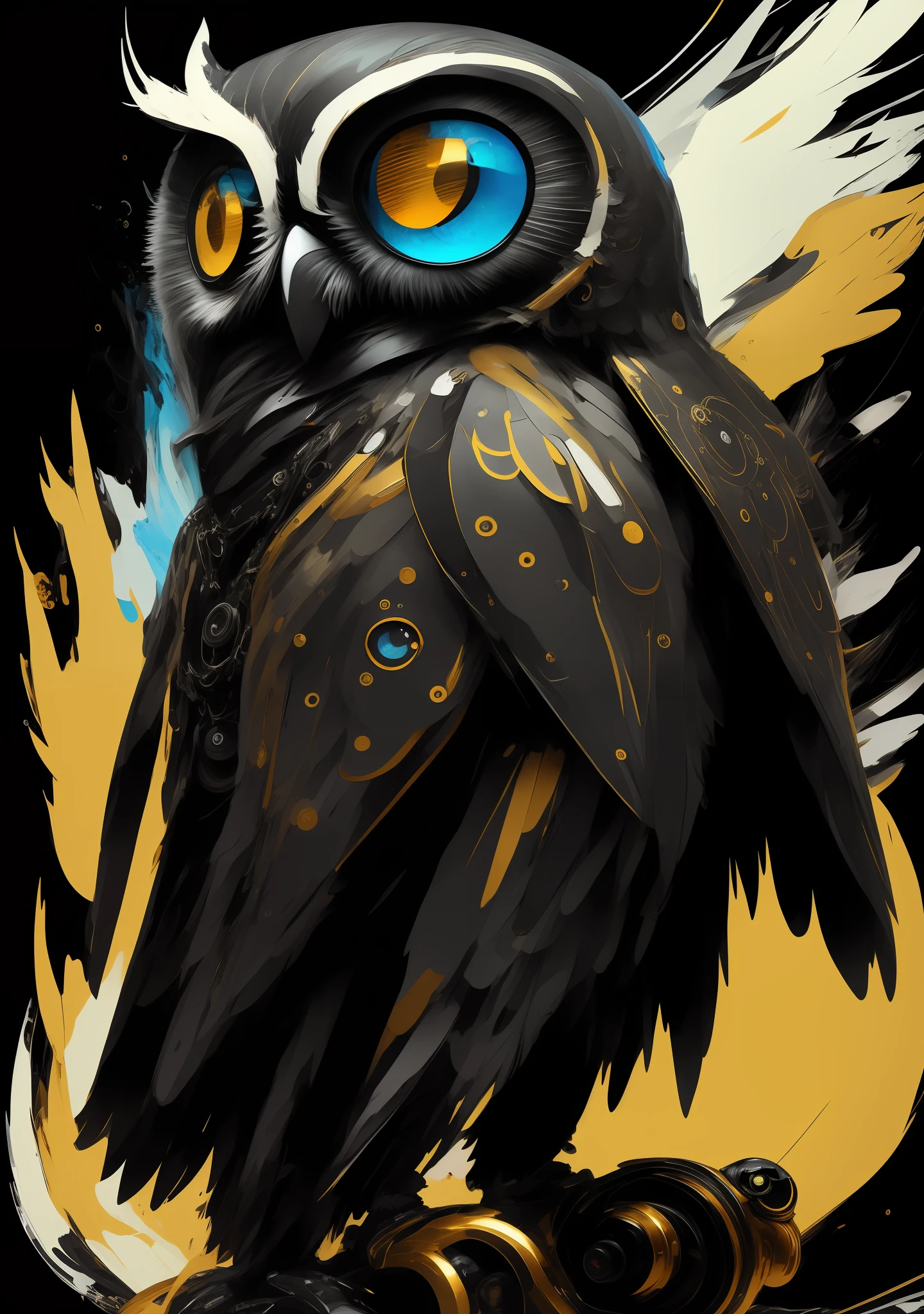 Cartoon Black Humanoid Owl with Big White Eyes Leather Jacket, Torn Skinny Jeans and Golden Front Eyes Riding a Suzuki 3d render Pixar style model made by Hiroaki Takahashi Ultra perfect 3d liquid composition art detailing fluid acrylic by Greg Tocchini, James Gilleard, Joe Fenton Kaethe, Butcher Bosch, Dan Mumford, Kandinsky art style [collage] [splashes] [scratches] [cut] [cut] [cut]