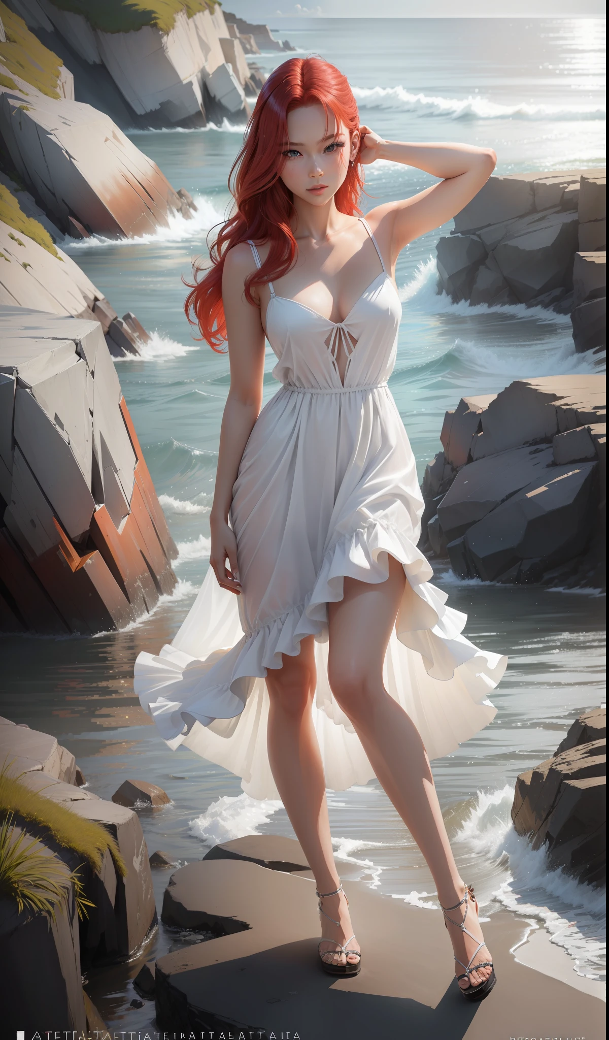 "((((realism))), ((((foto_atual))))) high-quality, intense and bustling red hair, model posing sideways in a flowing dress on rocks on a beach, looking directly into the camera."
