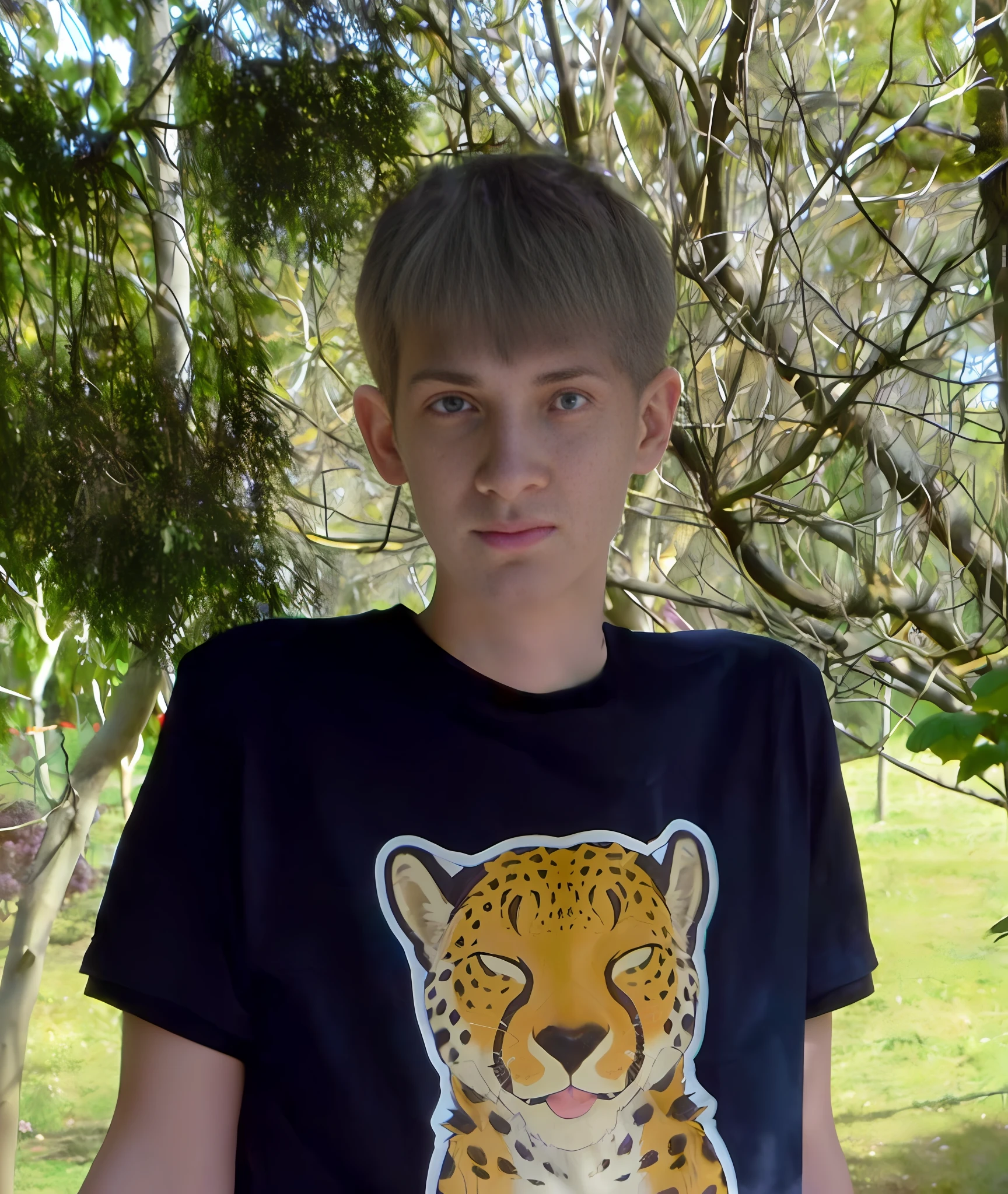 Standing in front of a bush of purple flowers, the deity of spring, in a field of flowers, in shorts and a T-shirt, 16 years old, a boy of 16 years old. angel, beautiful eyes, angelic look, innocent, sweet, gentle boy, virgin look, very handsome boy, brown eyes
