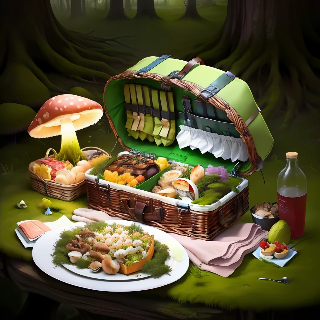 singular deteriorated picnic basket glowing moss growing mushrooms realistic