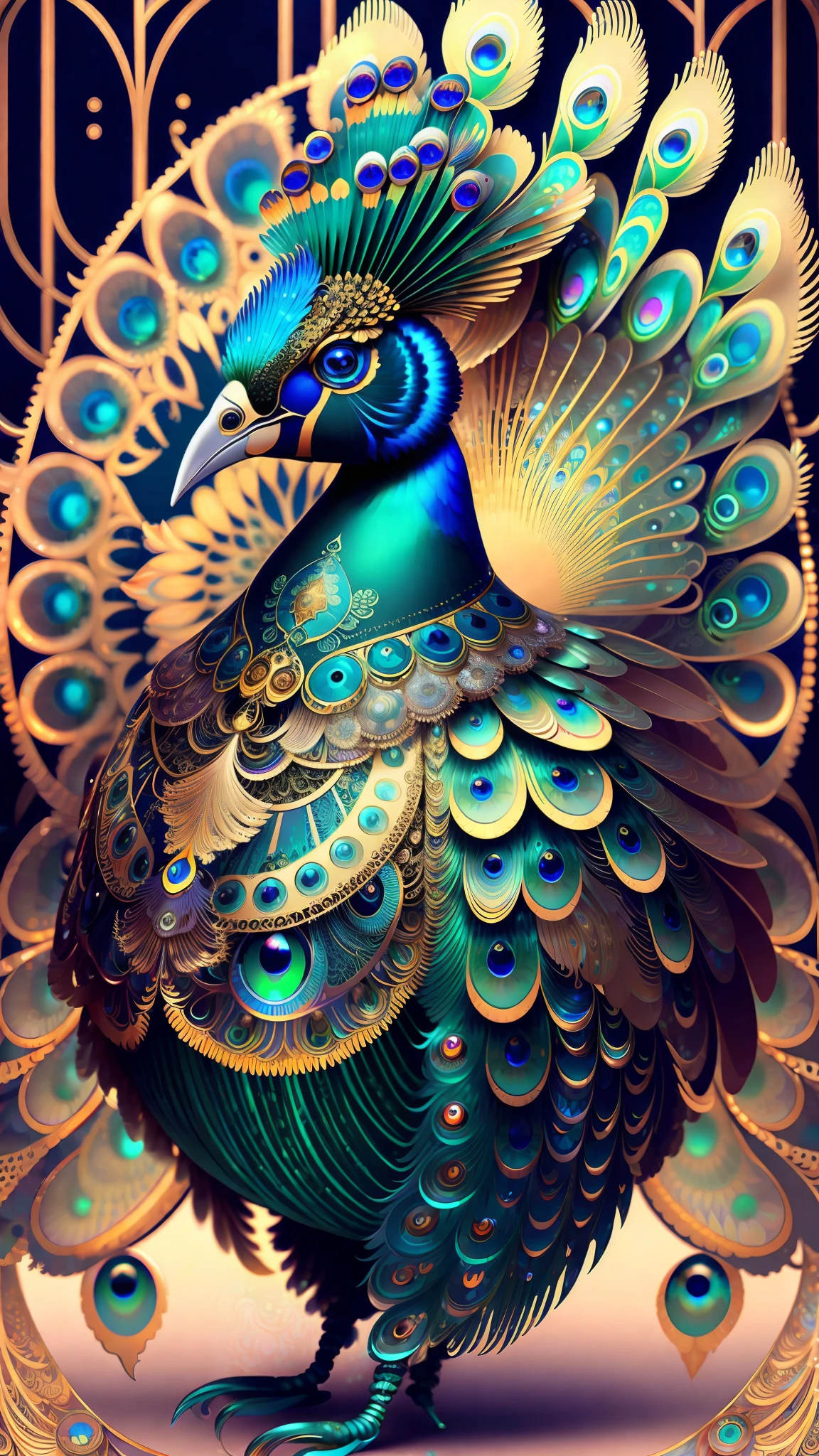 android mechnical peacock,robot wings,earnst haeckel, james jean. generative art, baroque, intricate patterns, fractalism, movie still, photorealistic, vibrant peacock feathers, intricate, elegant, highly detailed, digital painting, artstation, smooth, sharp focus, illustration, outrun, vaporware,full body shot