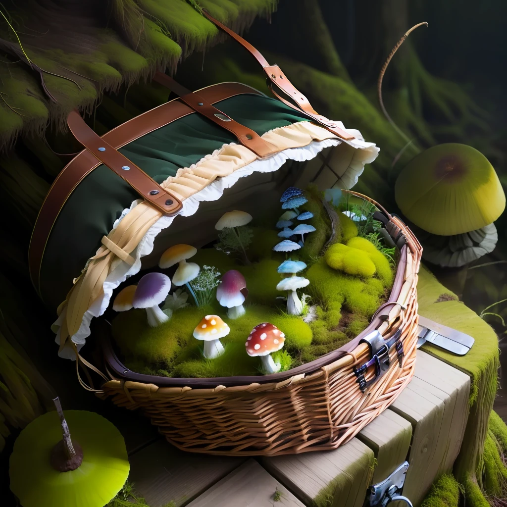 singular deteriorated picnic basket glowing moss growing mushrooms realistic