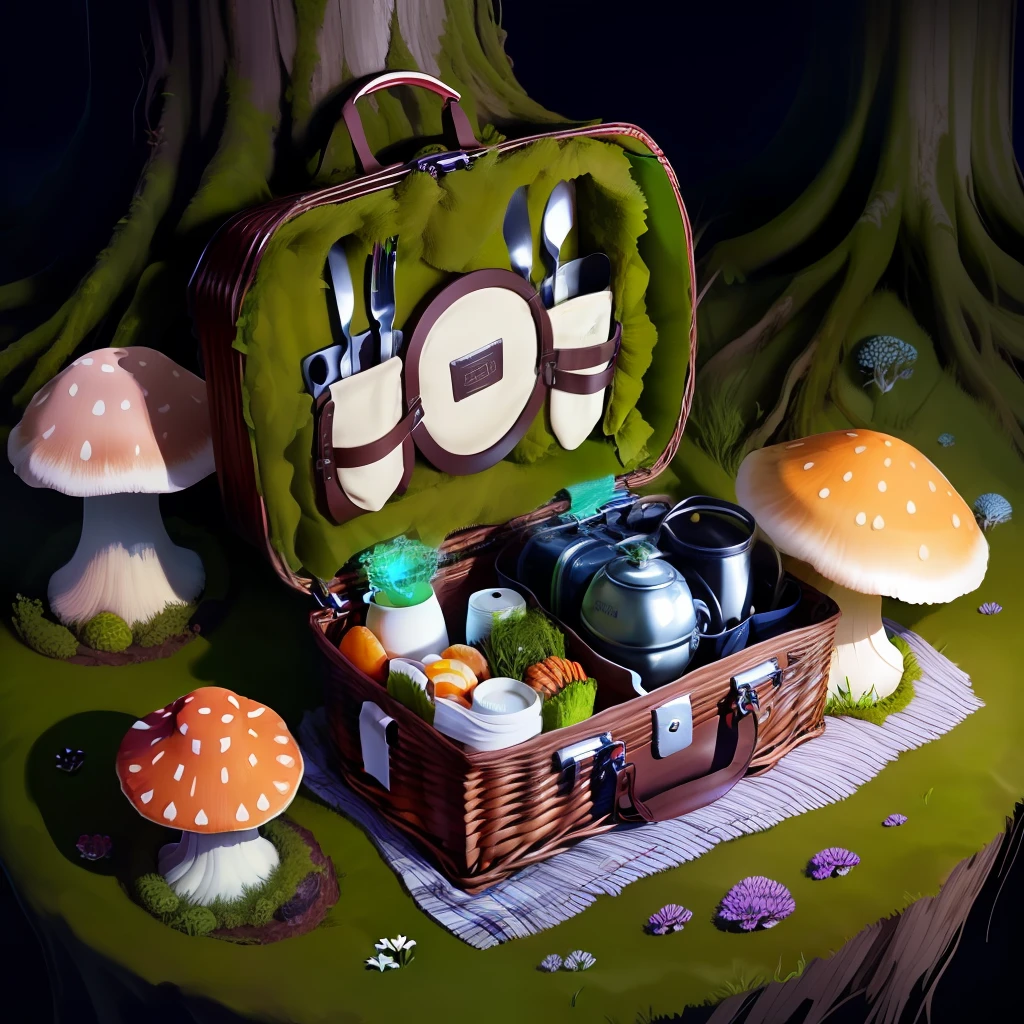 singular deteriorated picnic basket glowing moss growing mushrooms realistic