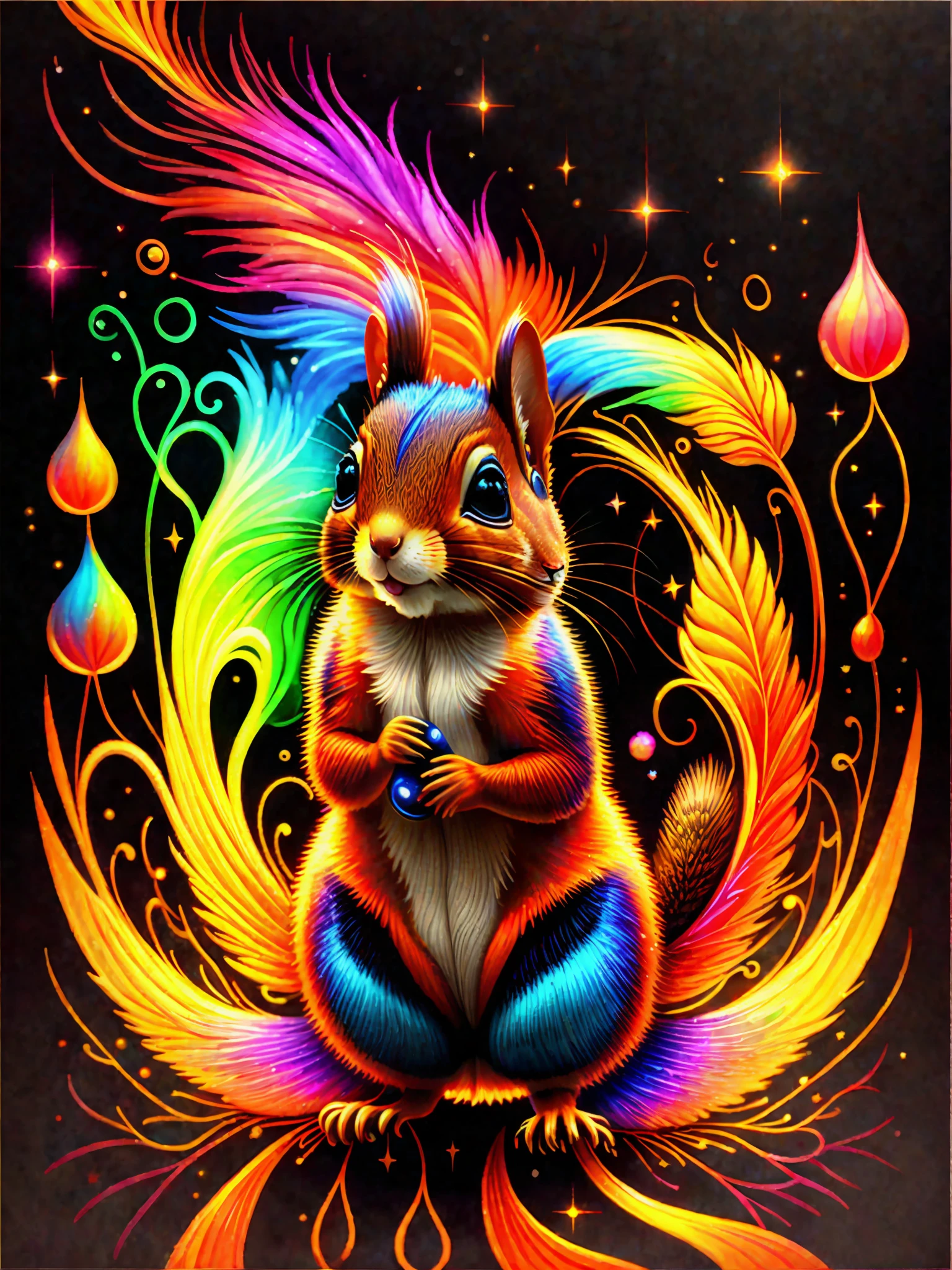 a painting of a colorful squirrel on a black background,, breathtaking rendering, within a radiant connection, inspired by Kinuko Y. Craft,, magical elements, kitten icon, wow, is beautiful, casting a multi colorful spell, bright flash, flash