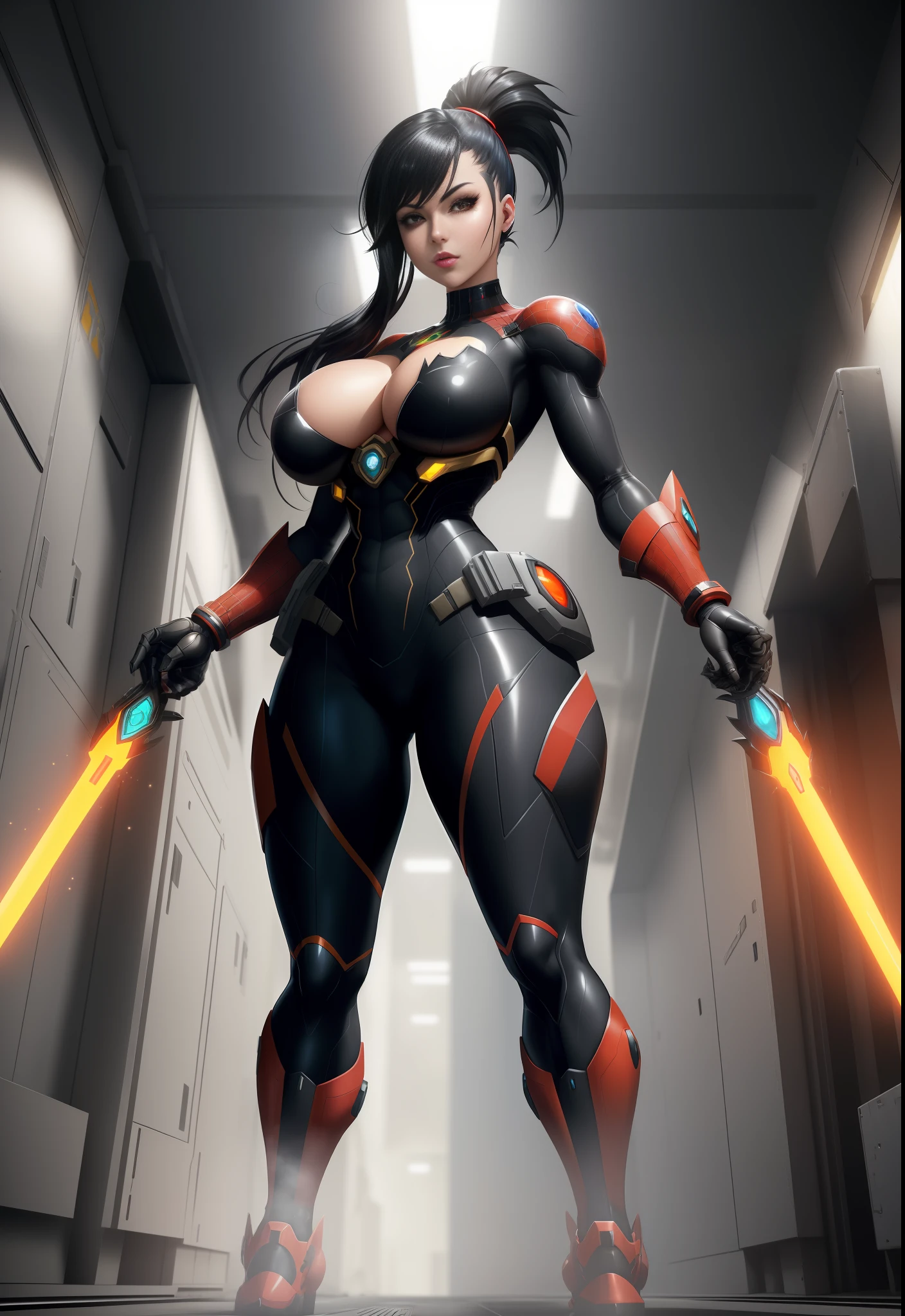 1 woman robot/mechanical body parts to sample, Max resolution/detail/quality/sharpness. Unreal Engine 5, Anime style,(Batman/Mega Man-X/Samus Aran/Spider-Man Cosplay), black mohawk hair, huge breasts1, looking at the viewer furiously, pose with futuristic weaponry, showing off to the viewer, at a futuristic military base in front of a lab entrance.