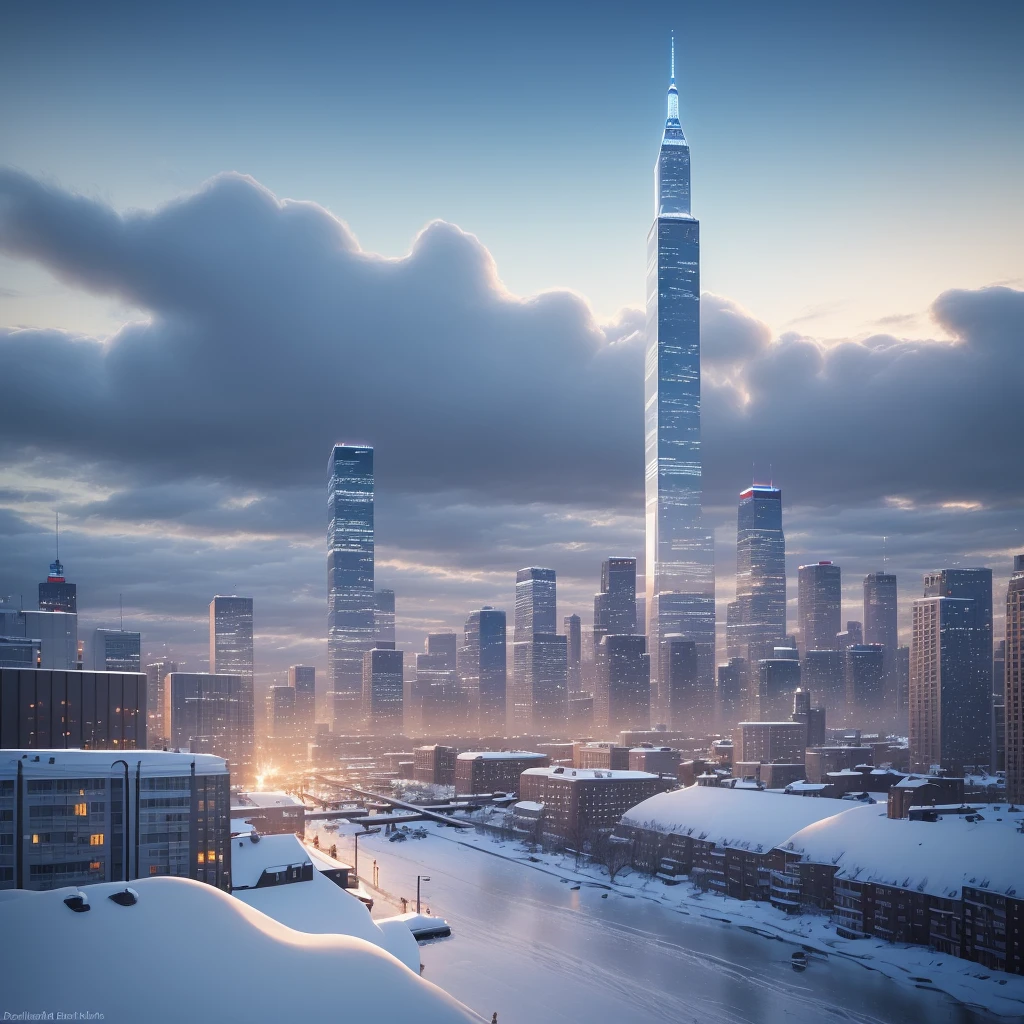 Scenery, City , floating Snow , Winter , Wind , dream, Cloud , Blue sky , evening