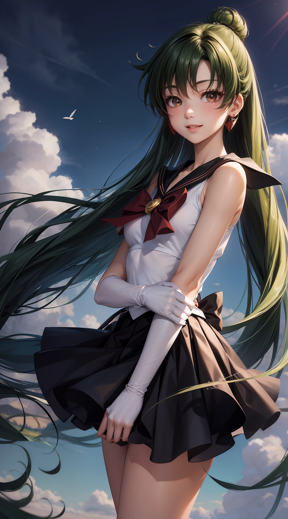 Masterpiece, Best Quality, High Resolution, 1Girl, Solo, Sailor Pluto, (Hair Fluffy), (Hair Fluttering), (Single Ponytail)), Elbow Gloves, Headdress, Black Pleated Skirt, Red Bow, (Black Sailor Collar), White Glove, Jewelry, Earrings, Smile, Background Meadow, Blue Sky and White Clouds, Headdress, Asture, Front, Front, Full Body, Full Body