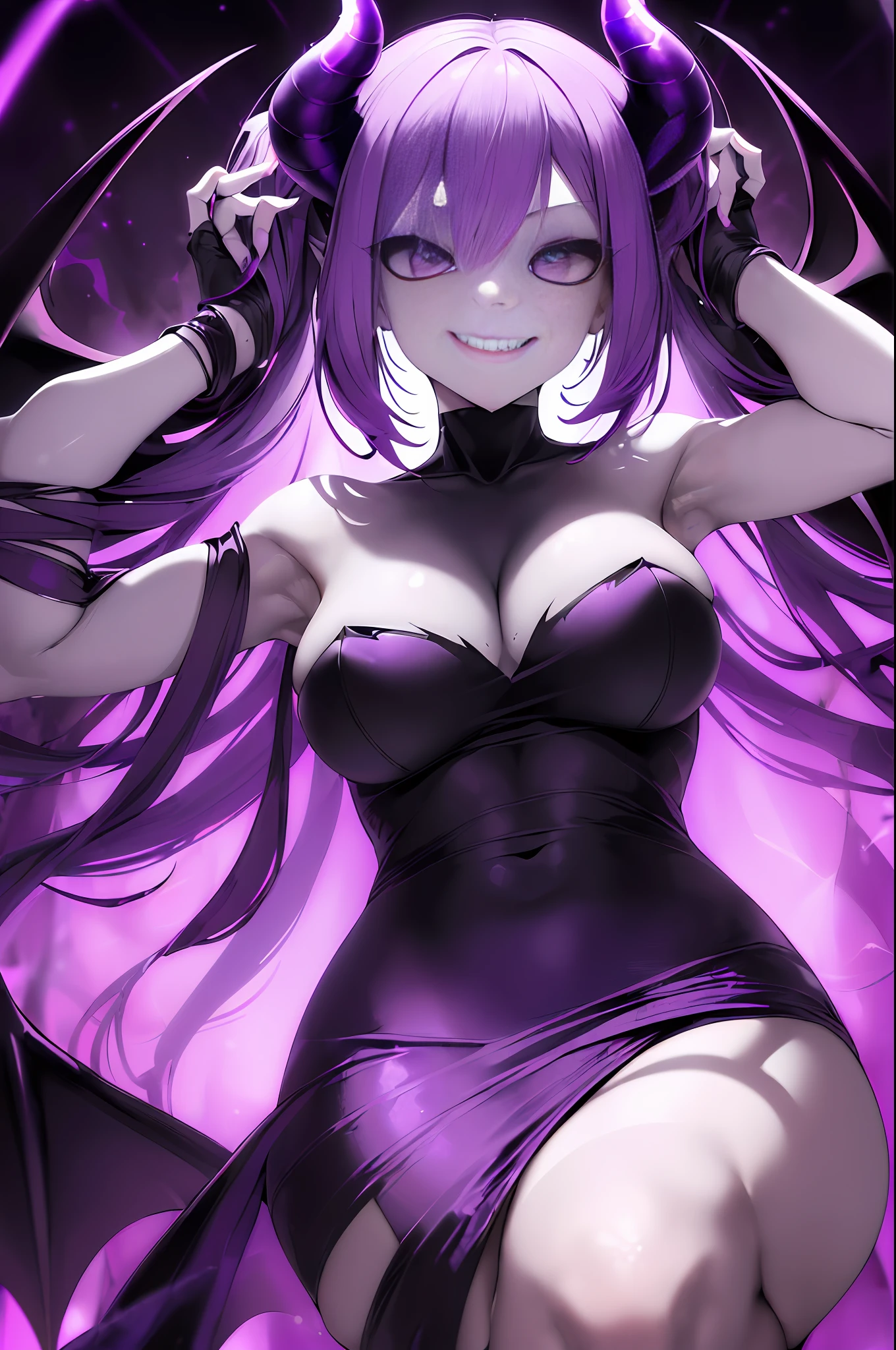 (girl, evil smile, demon, dark aura, evil aura, brainwashing, corruption), black eyes, succubus eyes, {purple dark aura}, (purple aura fluorescent color of the whole body),