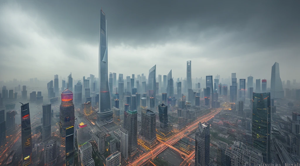 Rainy Day, Shanghai Lujiazui, Dystopia, High-rise Slum Building, Billboard, (HDR: 1.25), (Intricate Details: 1.14), (Surrealist 3D Rendering: 1.16), (Movie: 0.55)
